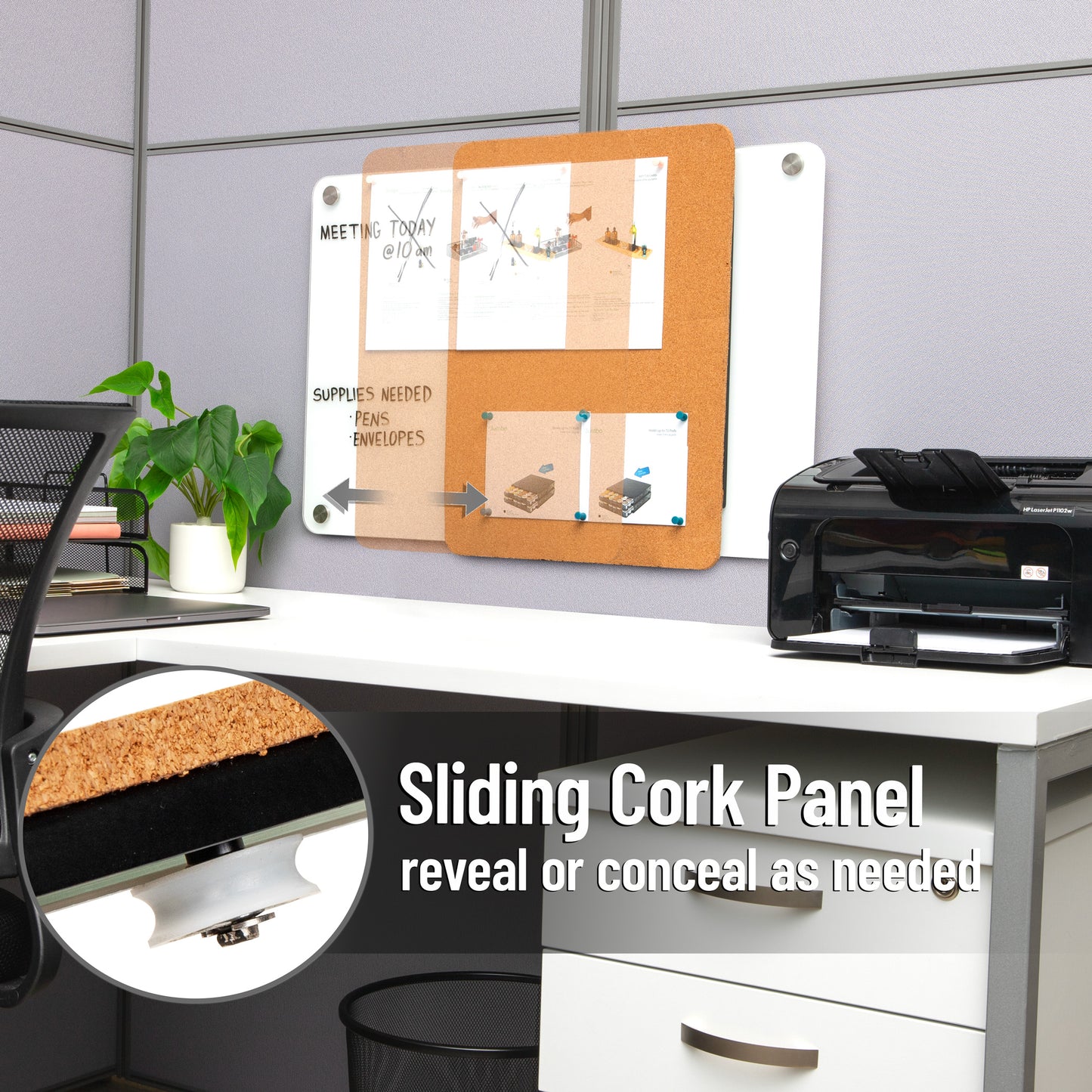 Mind Reader Glass Dry Erase Board with Sliding Corkboard, Wall Mounted Combination Whiteboard and Bulletin Board, 28" x 19.5"