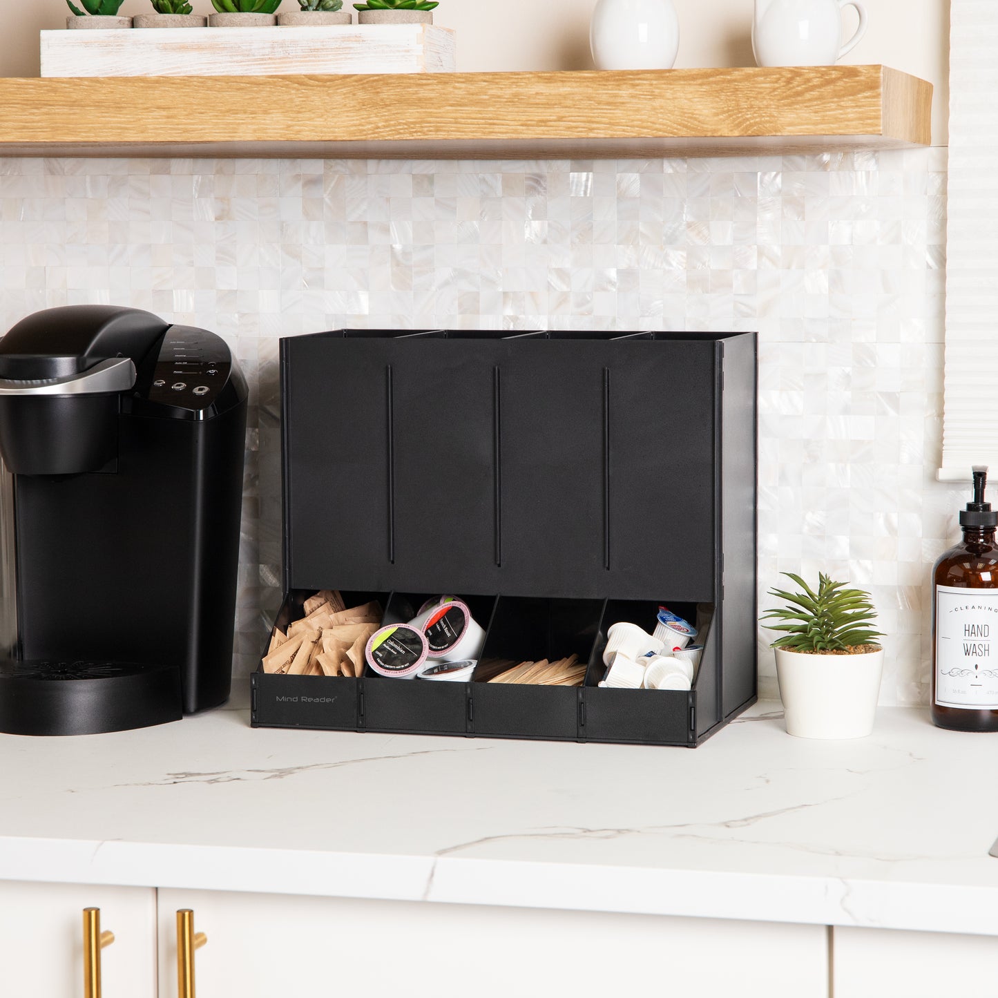 Mind Reader 4-Compartment Single Serve Coffee Pod Dispenser, 120 Pod Capacity, Breakroom, 14.5"L x 9"W x 12.25"H, Black