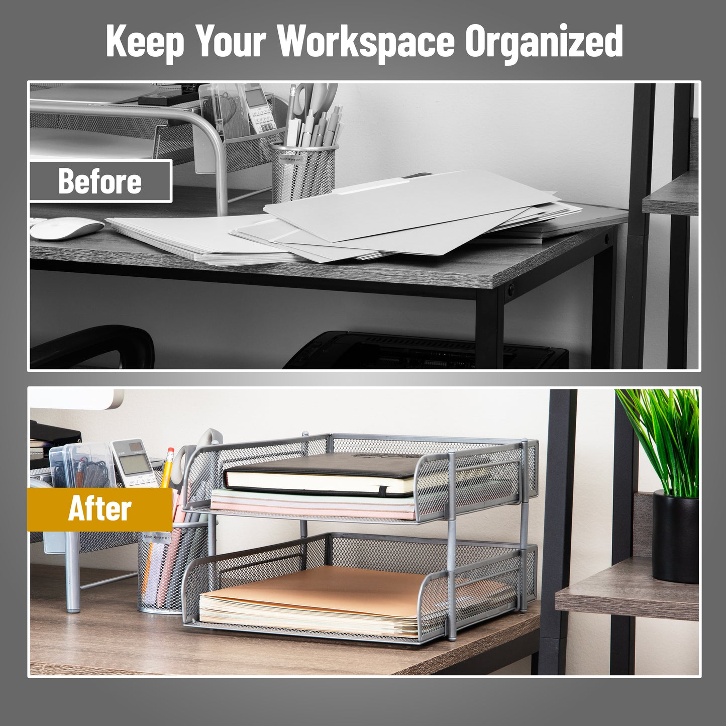 Mind Reader Stackable Paper Tray, Desktop Organizer, File Storage, Office, Metal Mesh, 10.5"L x 13.25"W x 7.5"H, 2 Pcs