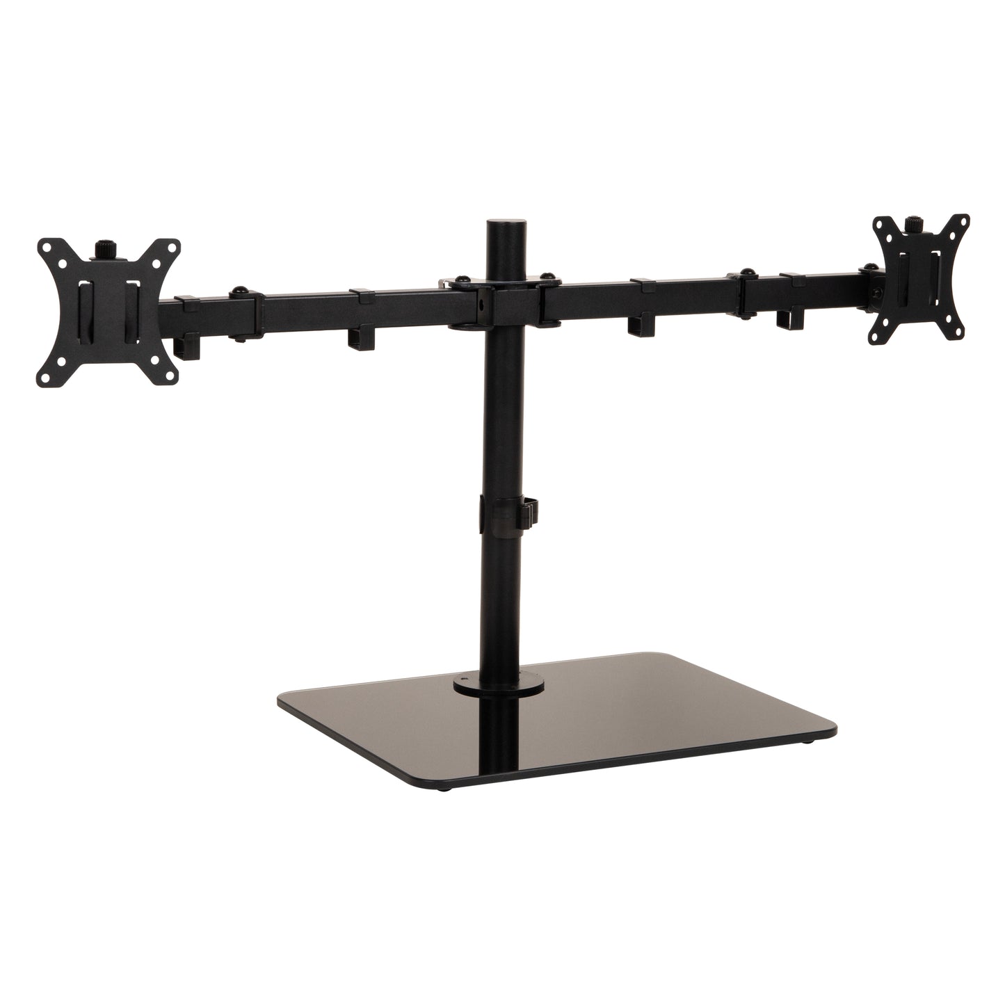 Mind Reader Freestanding Dual Monitor Desk Mount for 13"-32" Screens , VESA 75x75/100x100, Full Motion with 180° Rotation, ±90° Swivel, ±45° Tilt, Holds Up to 17.6 lbs Each – No Clamp, Base Stand with Cable Management, Black
