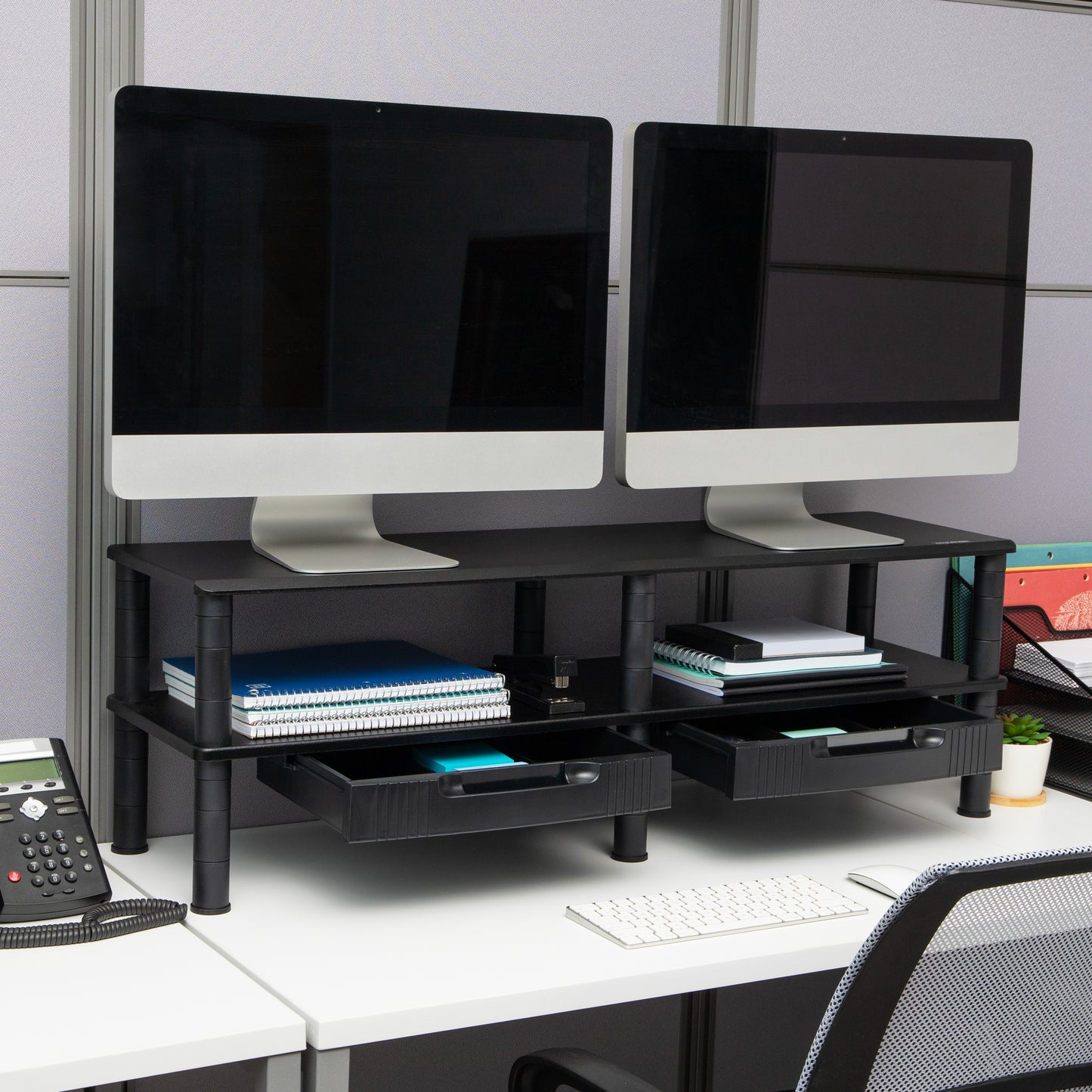 Mind Reader Dual Monitor Stand, Storage Shelf, Desktop Organizer, Riser, Office, 38.5"L x 11"W x 10.5-12.5"H, Black