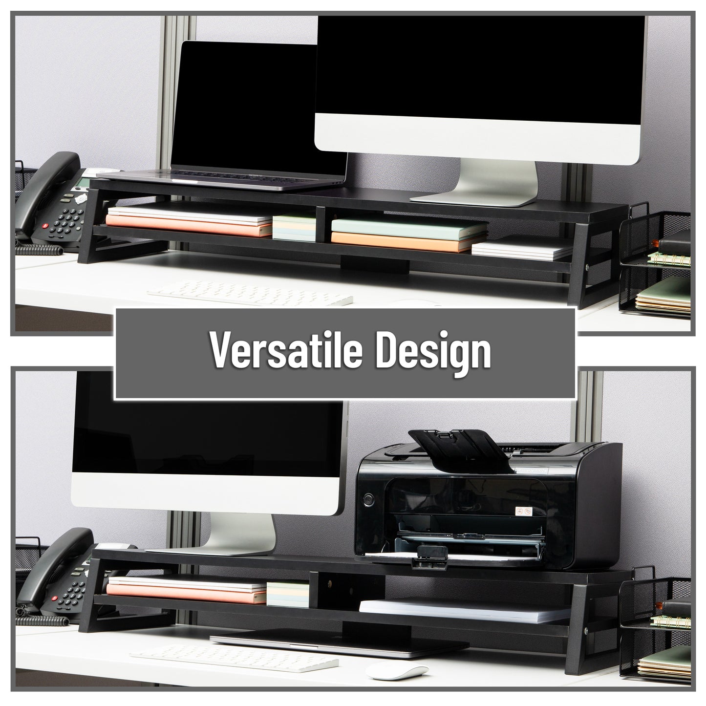 Mind Reader 2-Tier MDF Double Monitor Stand, Dual Screen Riser with Storage Shelf, 33.75 Inch Wide, 88 lb Capacity, Black