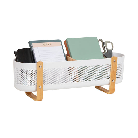 Mind Reader Divided Storage Basket with Legs, Accessory Holder, Desktop Organization, Office, Plastic, 19.25"L x 5.25"W x 6.5"H, White and Brown