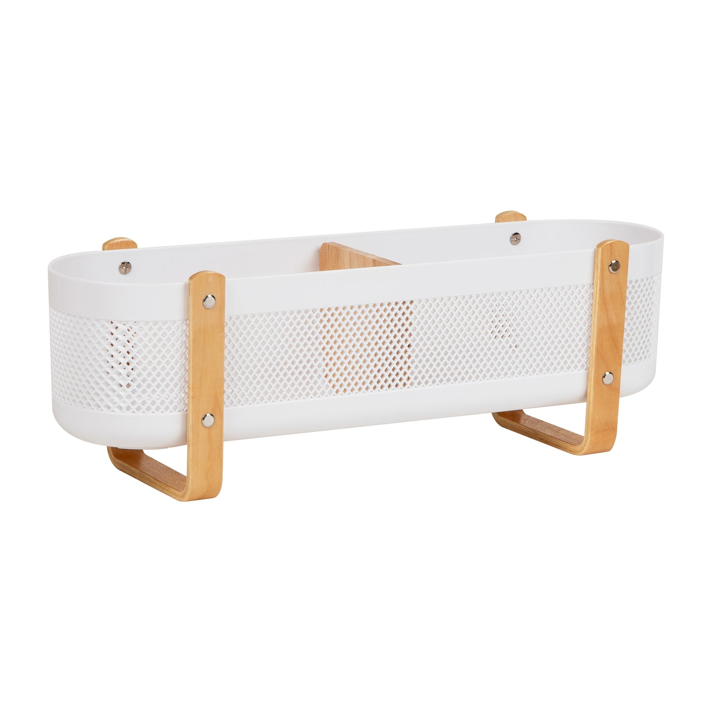 Mind Reader Divided Storage Basket with Legs, Accessory Holder, Desktop Organization, Office, Plastic, 19.25"L x 5.25"W x 6.5"H, White and Brown