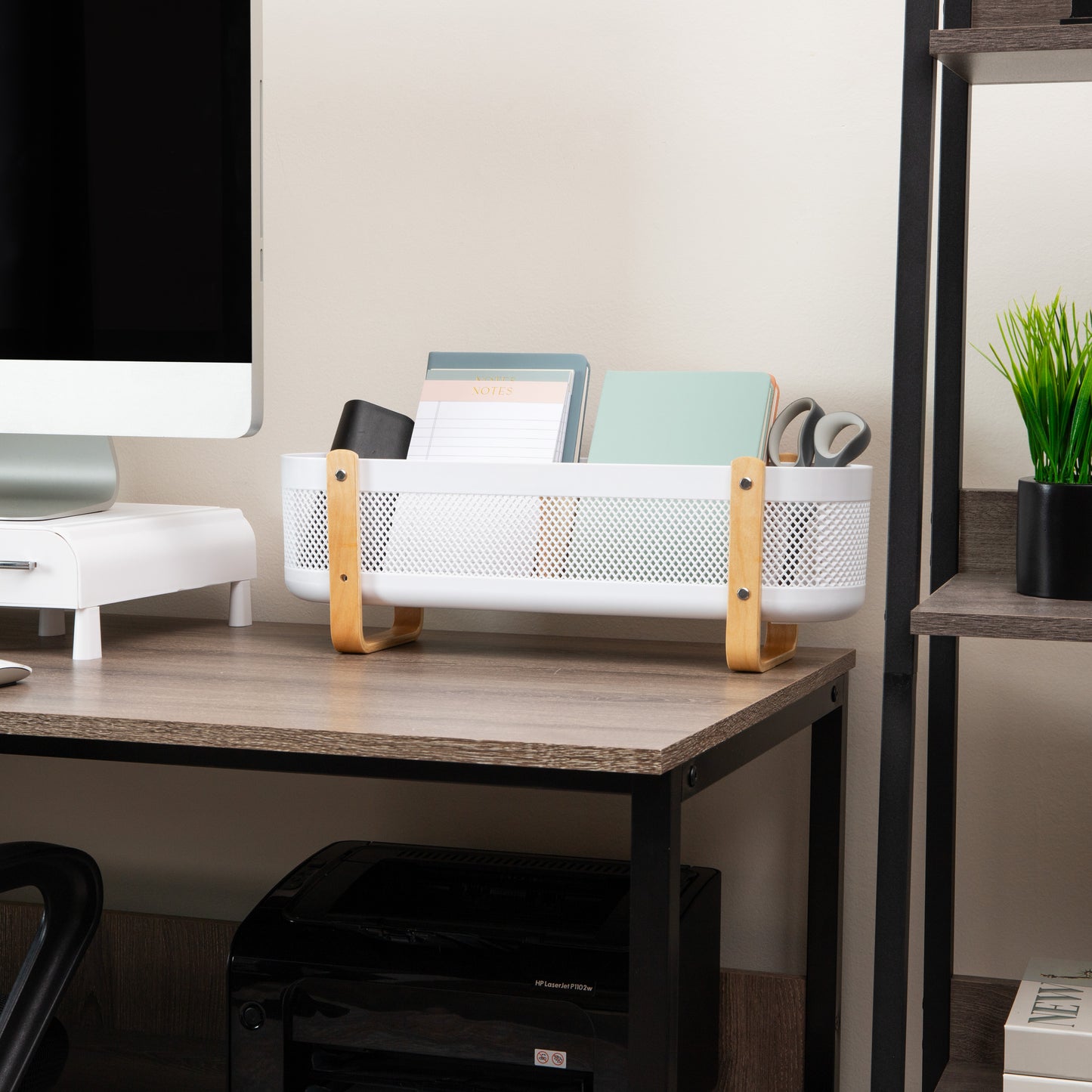 Mind Reader Divided Storage Basket with Legs, Accessory Holder, Desktop Organization, Office, Plastic, 19.25"L x 5.25"W x 6.5"H, White and Brown
