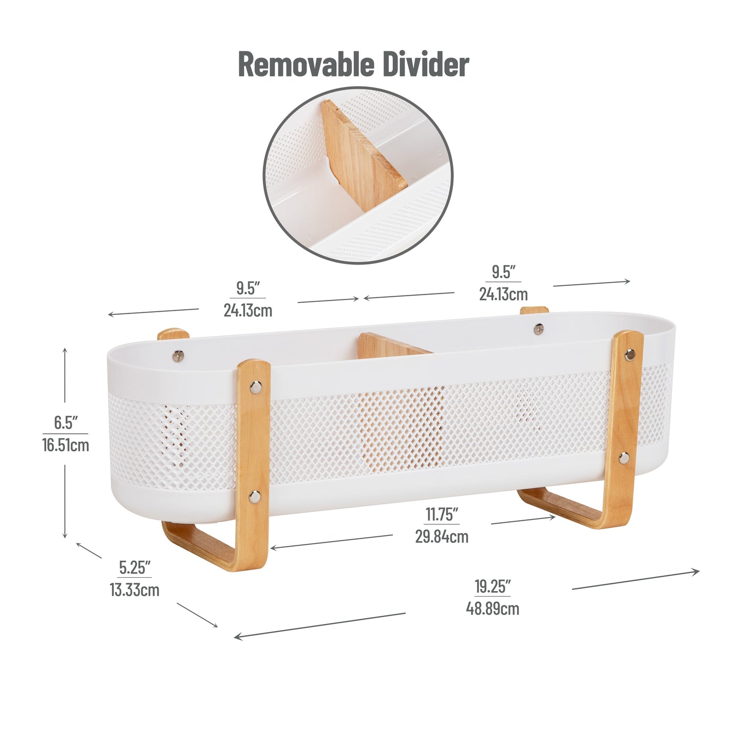 Mind Reader Divided Storage Basket with Legs, Accessory Holder, Desktop Organization, Office, Plastic, 19.25"L x 5.25"W x 6.5"H, White and Brown