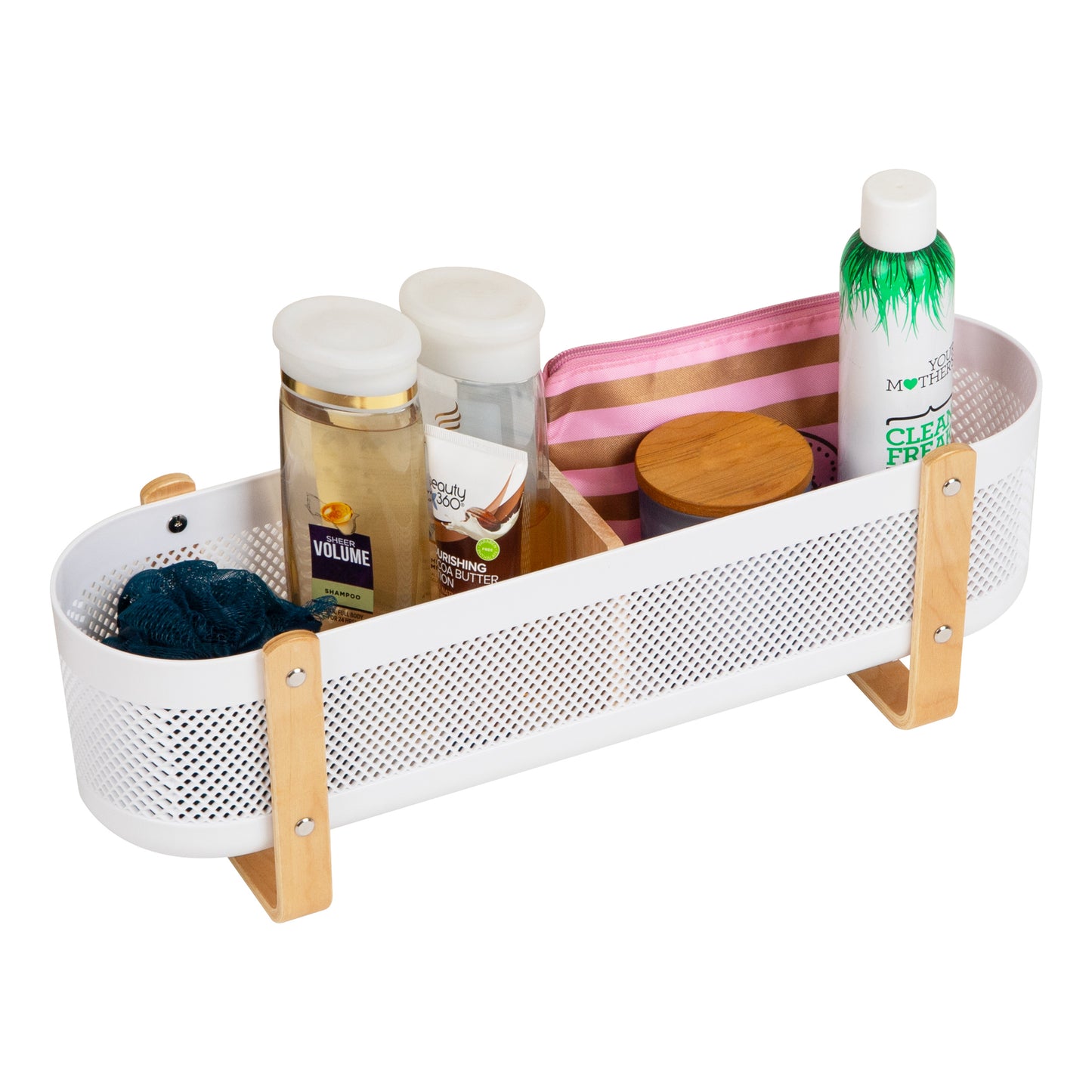 Mind Reader Divided Storage Basket with Legs, Accessory Holder, Desktop Organization, Office, Plastic, 19.25"L x 5.25"W x 6.5"H, White and Brown
