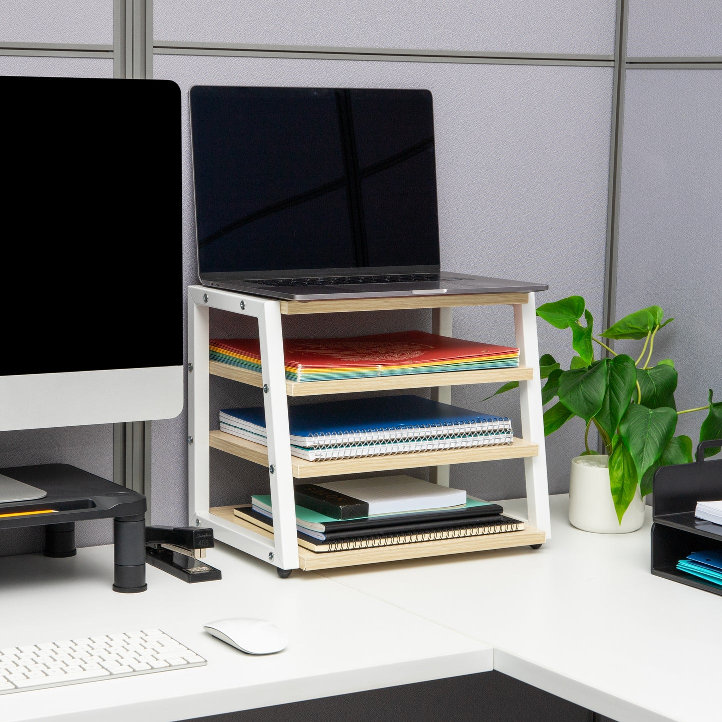 Mind Reader 4-Tier Desk Organizer, File Storage, Documents, Office, Metal, MDF, 14.5"L x 10.5"W x 12"H, White
