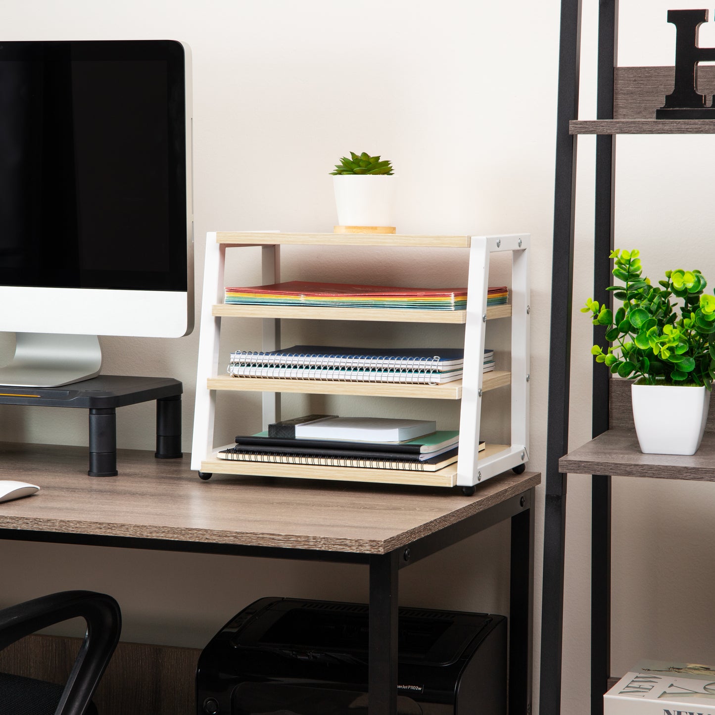 Mind Reader 4-Tier Desk Organizer, File Storage, Documents, Office, Metal, MDF, 14.5"L x 10.5"W x 12"H, White