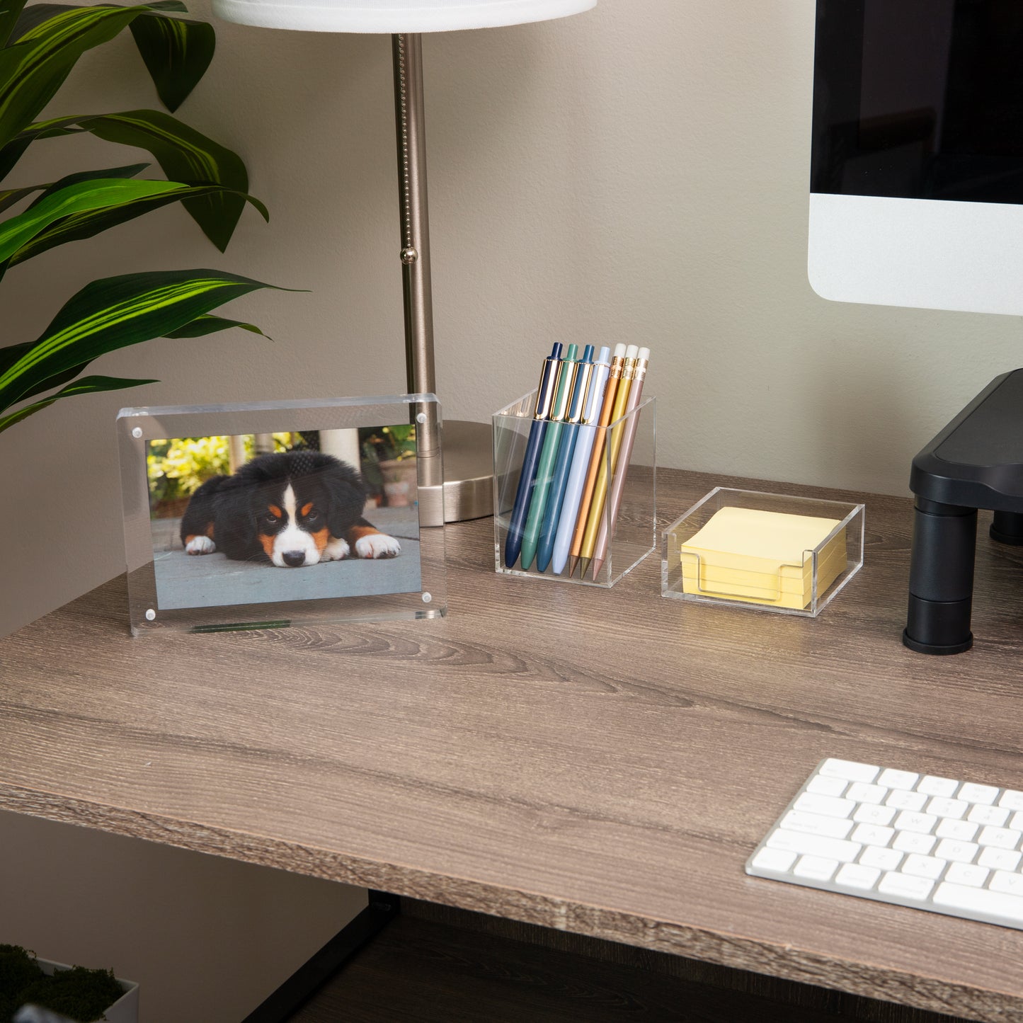 Mind Reader 3-Piece Desk Organizer Set, Pen Holder, Photo Frame and Sticky Note Tray, Desktop Organization, Office, Acrylic, Clear