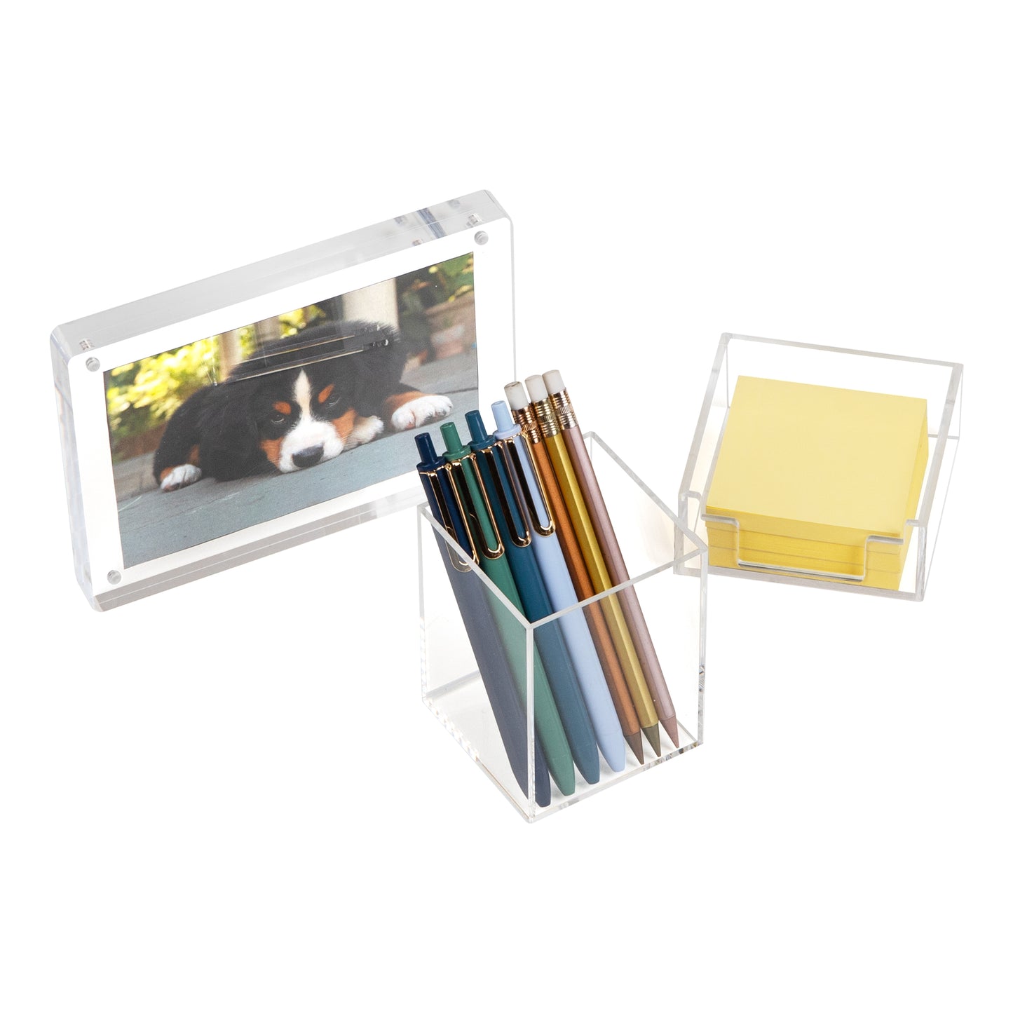Mind Reader 3-Piece Desk Organizer Set, Pen Holder, Photo Frame and Sticky Note Tray, Desktop Organization, Office, Acrylic, Clear