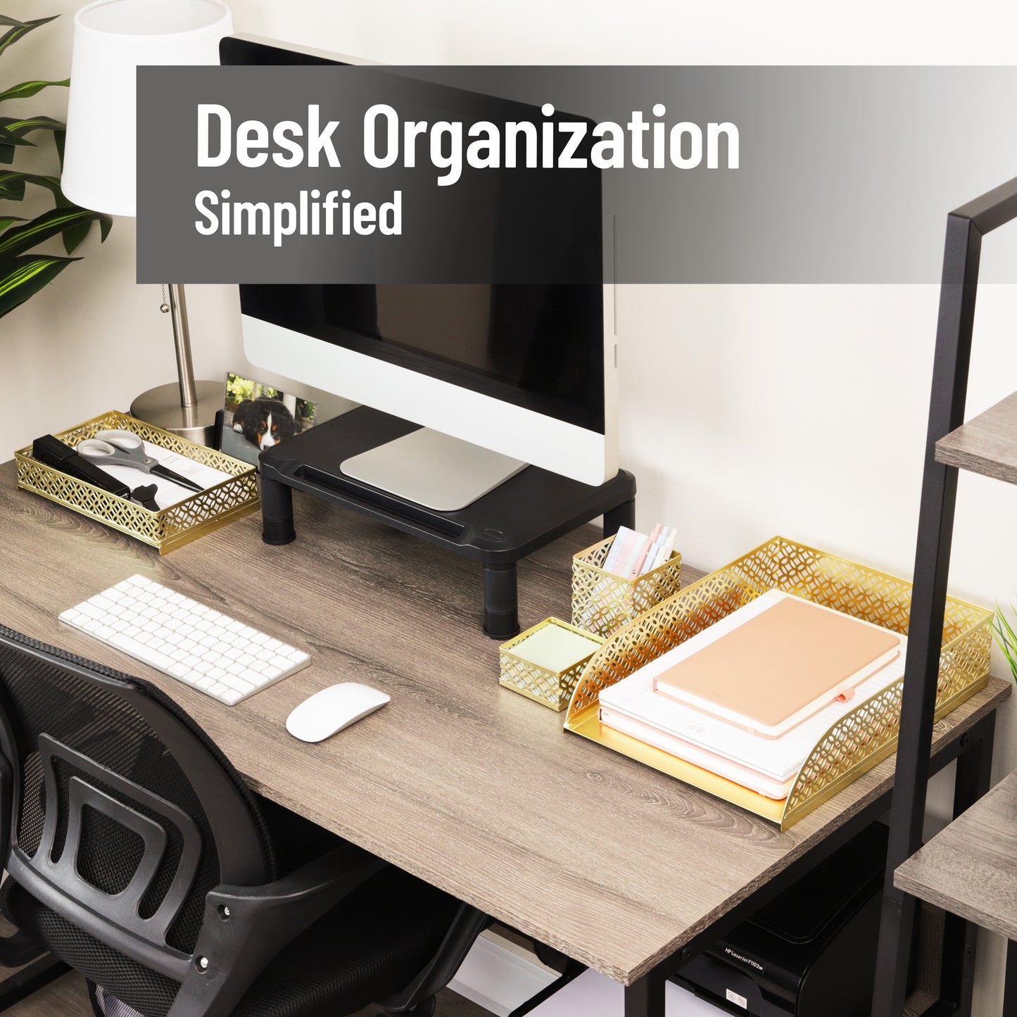 Mind Reader Gold Desk Organizer Set, Includes Pen Cup, Catchall Tray, File Box & Paper Tray, 4-Piece Metal Desktop Accessory Kit