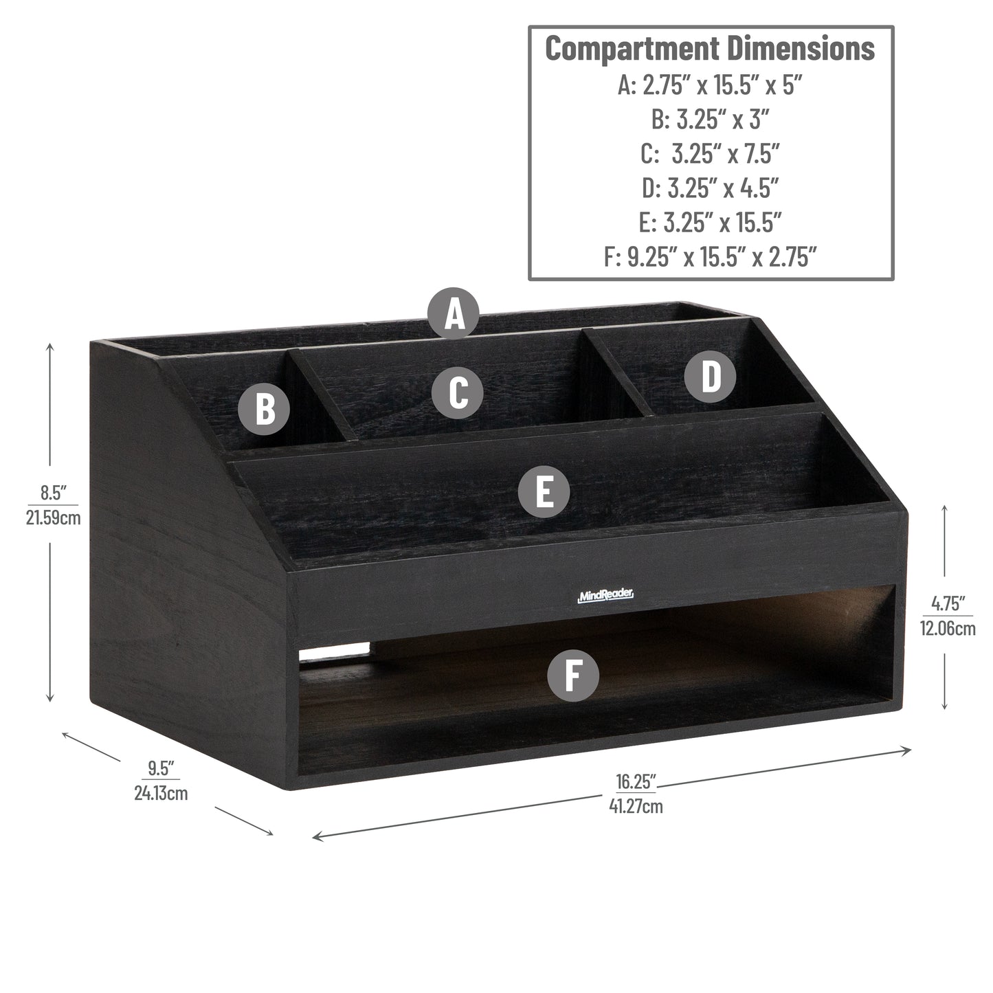 Mind Reader Desk Organizer, File Storage, Accessory Holder, Cord Management, Office, Wood, 16.25"L x 9.5"W x 8.5"H, Black