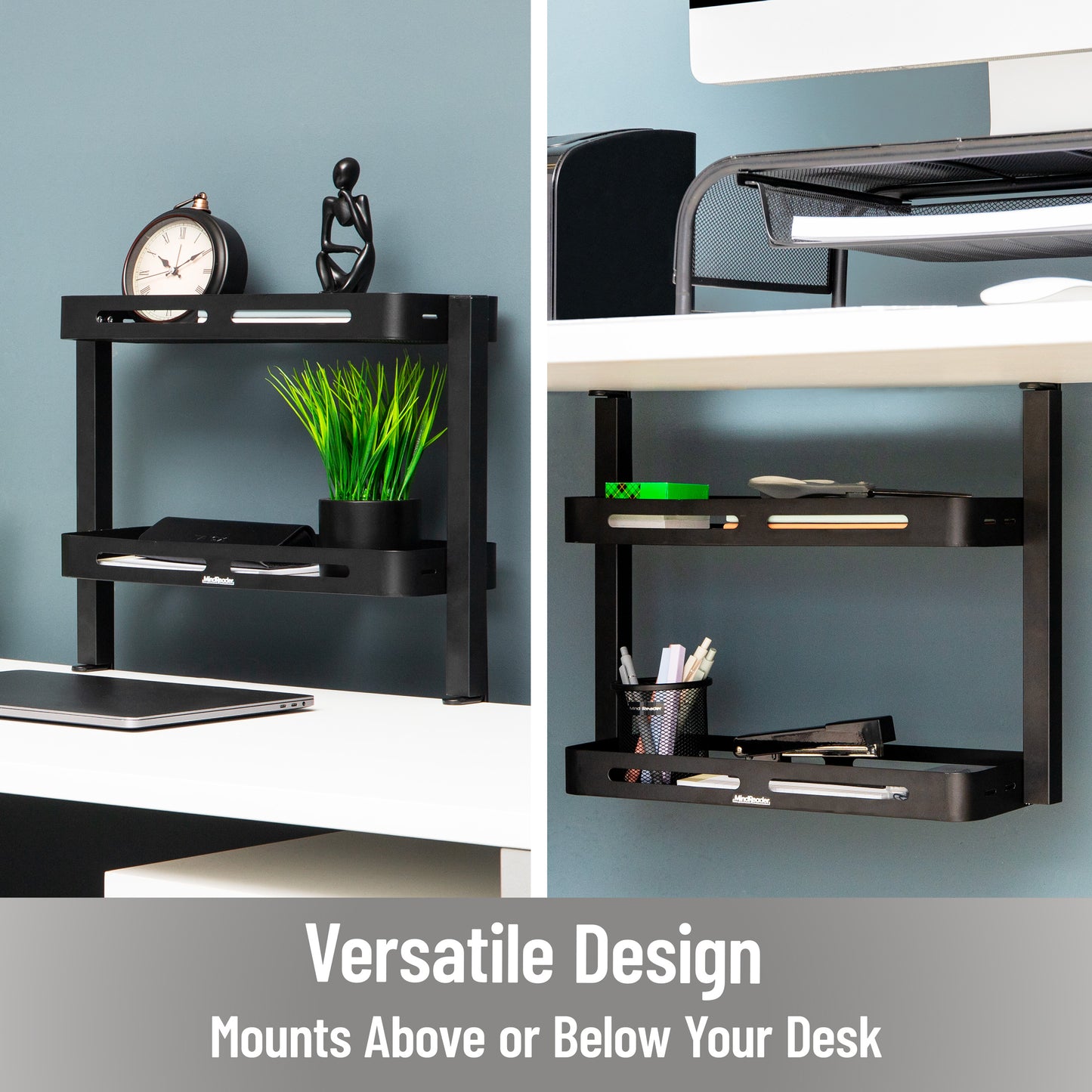 Mind Reader 2-Tier Desk Organizer with Clamp, Accessory Shelf for Office or Gaming, Office, Metal, Black