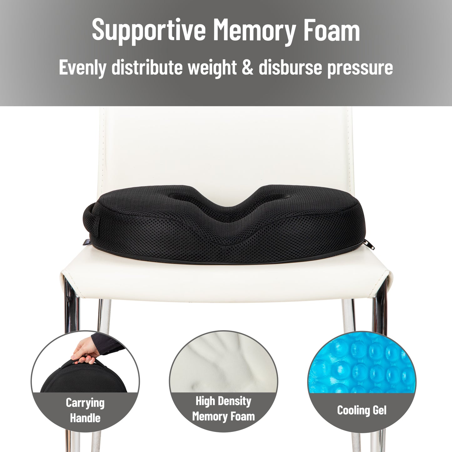 Mind Reader Air-Cloud Gel Donut Pillow, Ergonomic Memory Foam Seat Cushion with Cooling Core, Tailbone, Hemorrhoid, Pregnancy Relief, Black