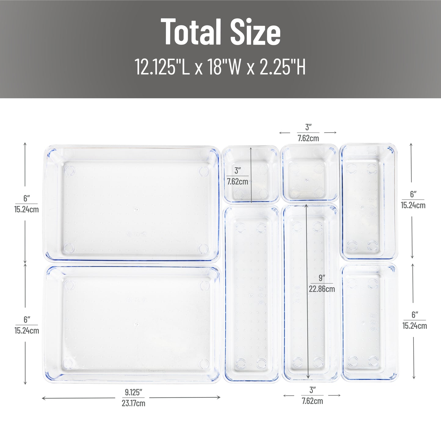 Mind Reader 8-Piece Drawer Organizer Set, Storage Trays for Kitchen, Bathroom, Office, Makeup, Jewelry & More, Junk Drawer Tray, Utensil Holder, Plastic, Clear