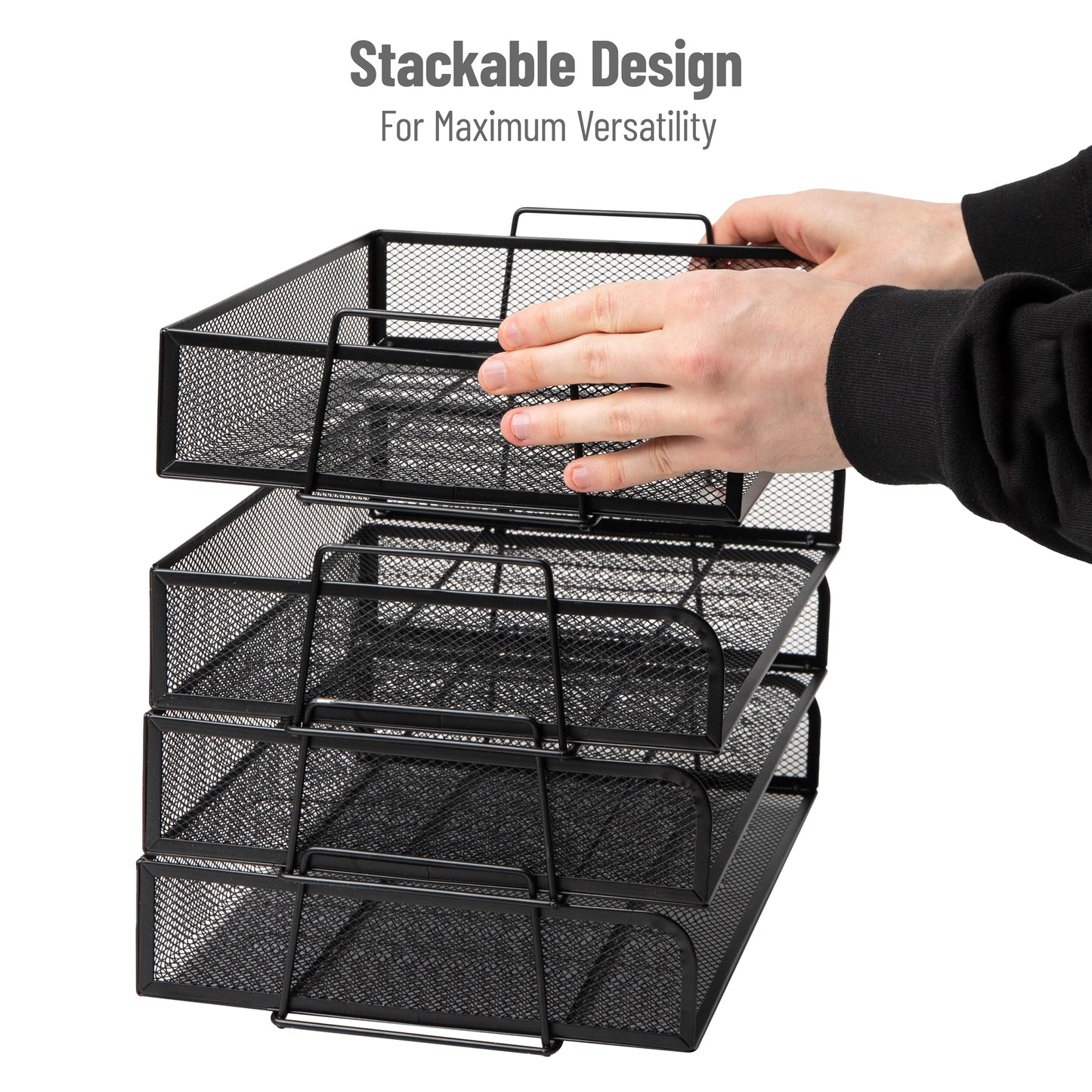 Mind Reader Stackable Paper Tray, Desktop Organizer, File Storage, Office, Metal Mesh, 14"L x 9.75"W x 11.25"H, 4 Pcs., Black