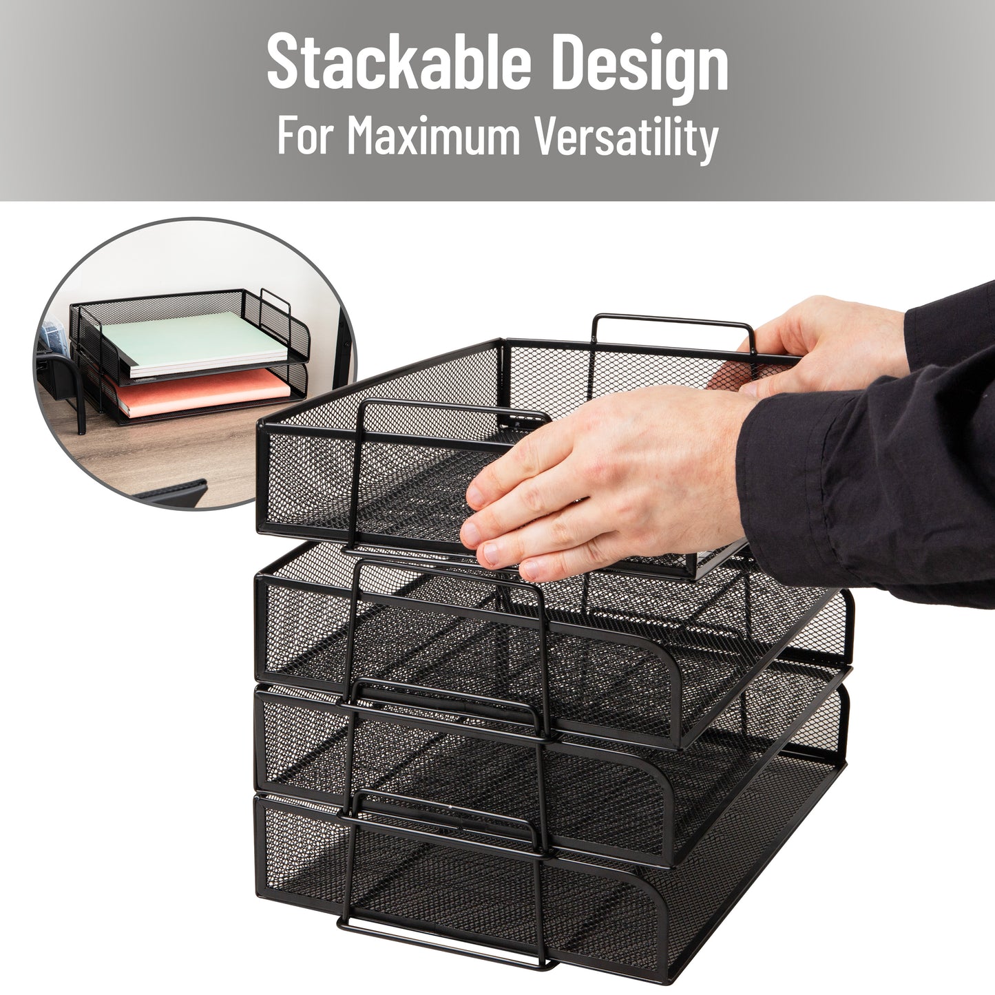 Mind Reader Stackable Paper Tray, Desktop Organizer, File Storage, Office, Metal Mesh, 13.25"L x 9.75"W x 11.25"H, 4 Pcs.