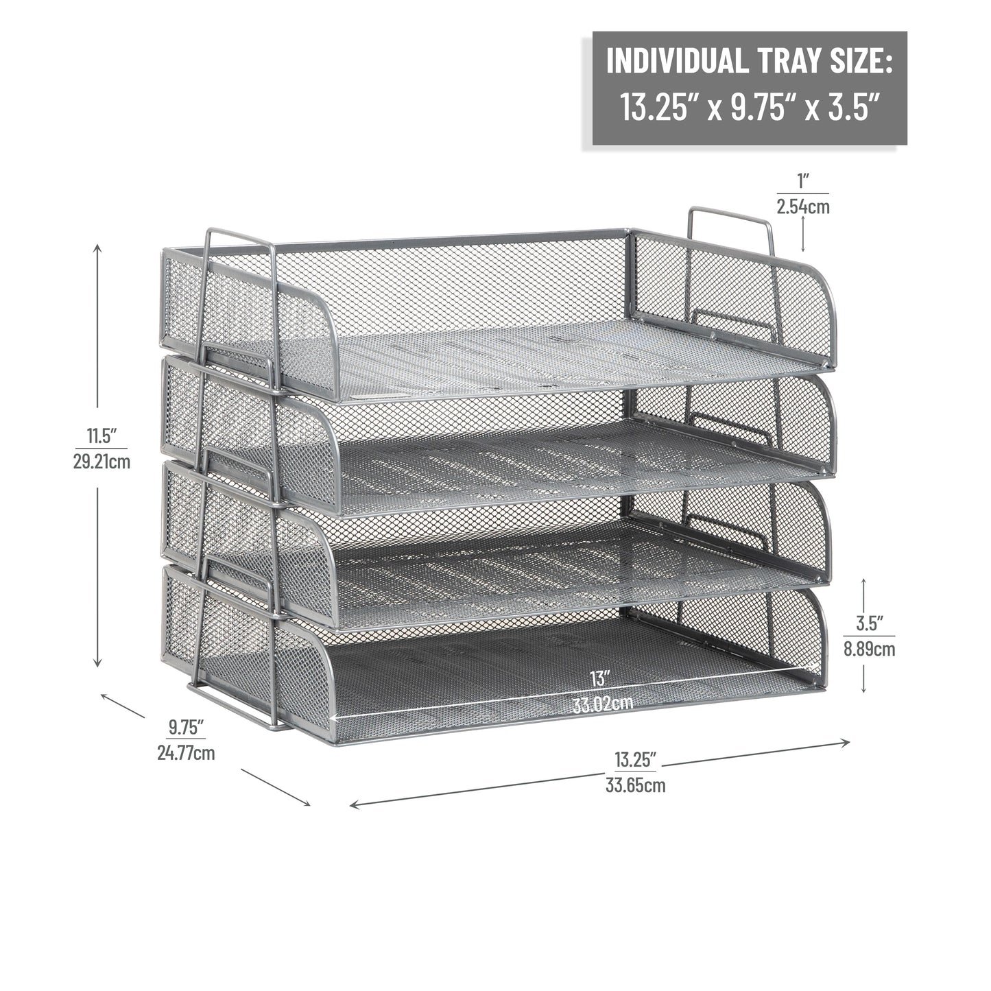 Mind Reader Stackable Paper Tray, Desktop Organizer, File Storage, Office, Metal Mesh, 13.25"L x 9.75"W x 11.25"H, 4 Pcs.
