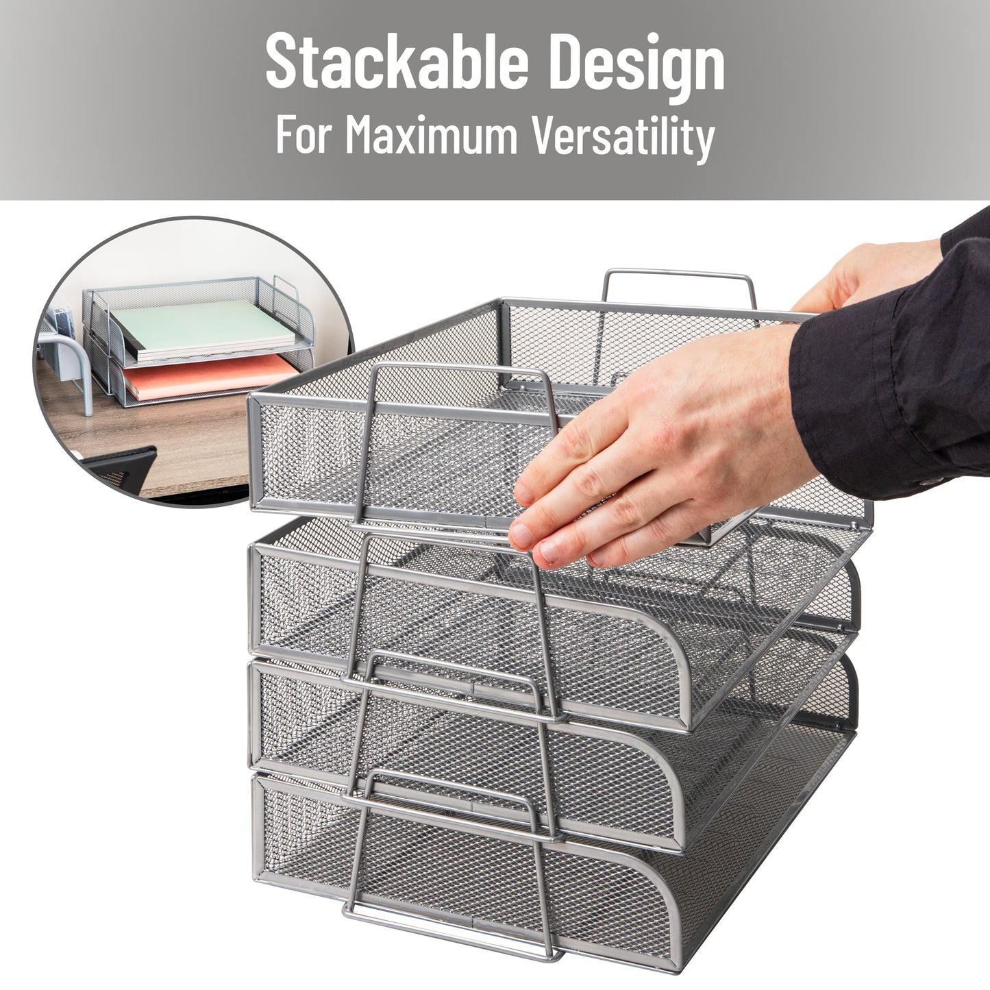 Mind Reader Stackable Paper Tray, Desktop Organizer, File Storage, Office, Metal Mesh, 13.25"L x 9.75"W x 11.25"H, 4 Pcs.
