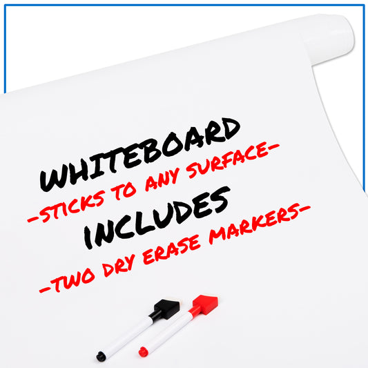 Mind Reader Adhesive Dry Erase Whiteboard Roll, 2 Dry Erase Markers, Planner, Office, 24 inches wide x 10 feet long, White