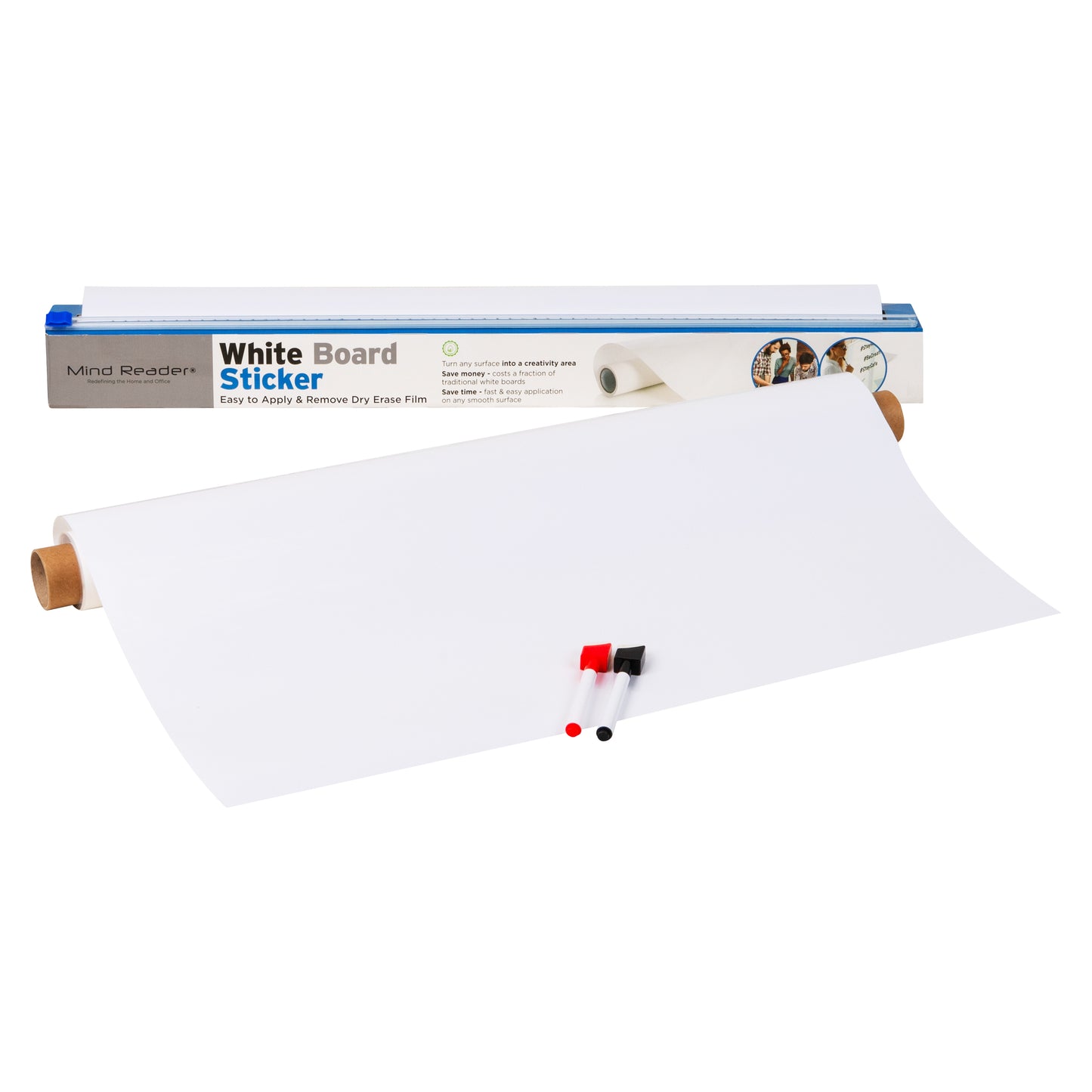Mind Reader Adhesive Dry Erase Whiteboard Roll, 2 Dry Erase Markers, Planner, Office, 24 inches wide x 10 feet long, White