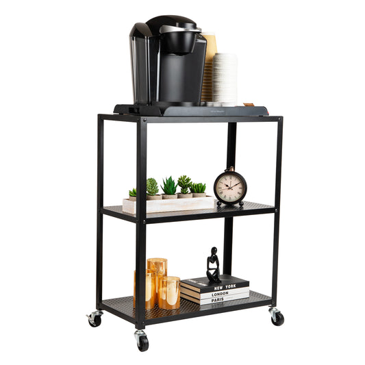 Mind Reader Rolling Cart, Rolling Cart, Microwave Stand, 3-Tier, Coffee Cart, Office, Metal, 23"L x 12"W x 30"H, Black