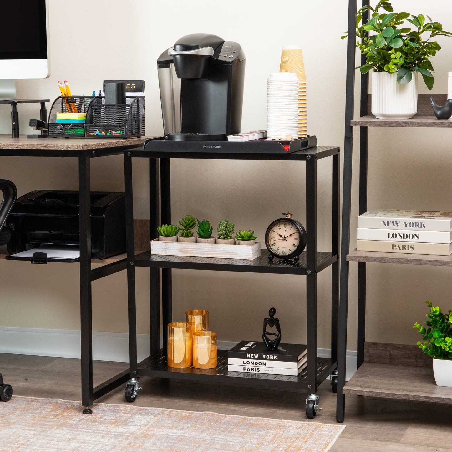 Mind Reader Rolling Cart, Rolling Cart, Microwave Stand, 3-Tier, Coffee Cart, Office, Metal, 23"L x 12"W x 30"H, Black
