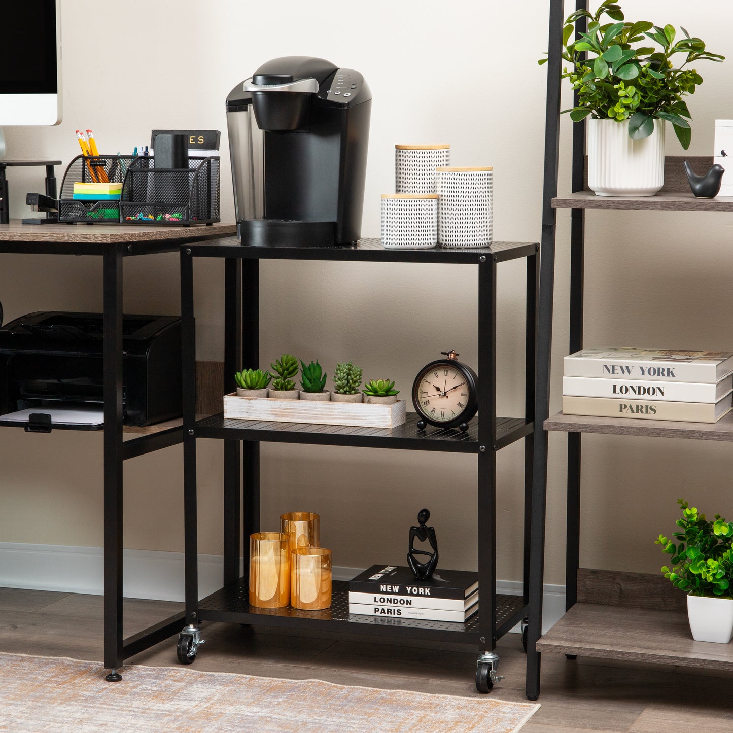 Mind Reader Rolling Cart, Rolling Cart, Microwave Stand, 3-Tier, Coffee Cart, Office, Metal, 23"L x 12"W x 30"H, Black