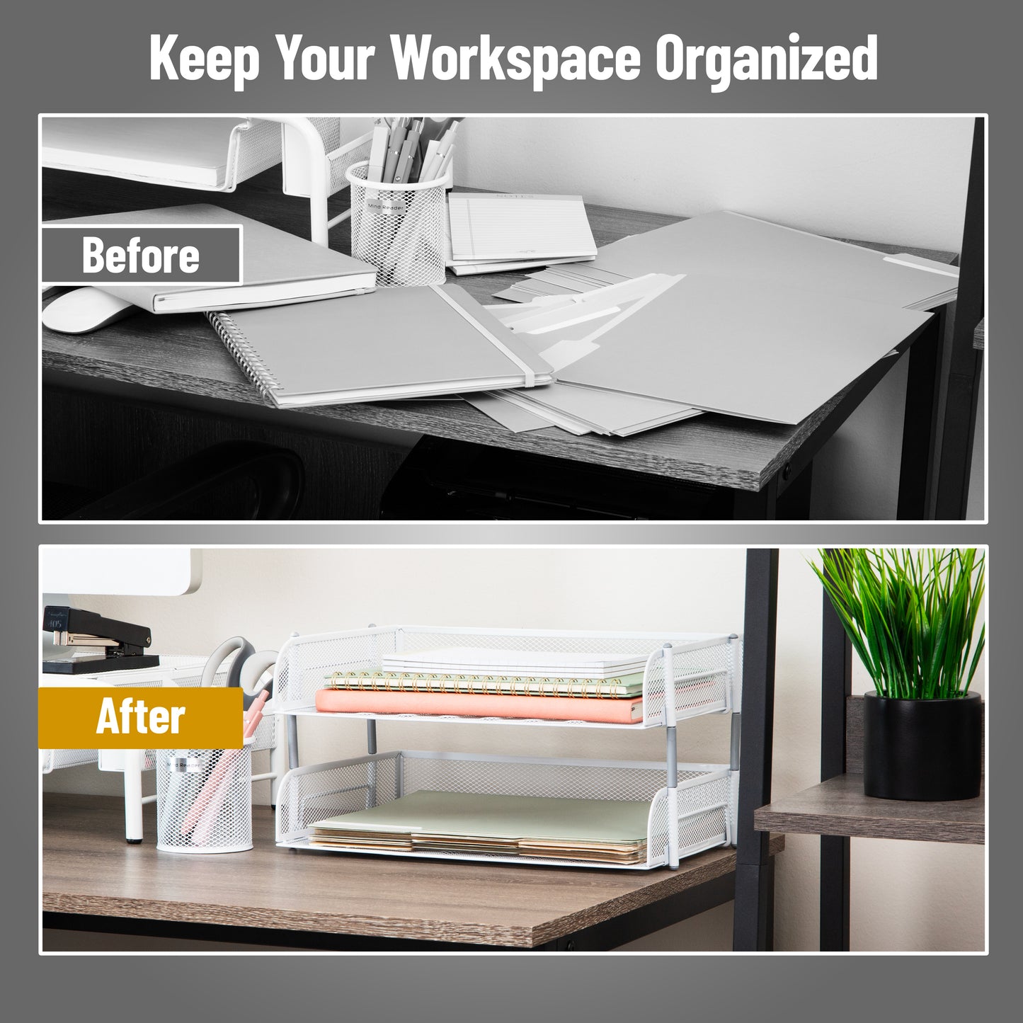 Mind Reader 2-Tier Stackable Paper Tray, Desktop Organizer for Letter-Size Documents, Office File Storage, Metal Mesh, Set of 2