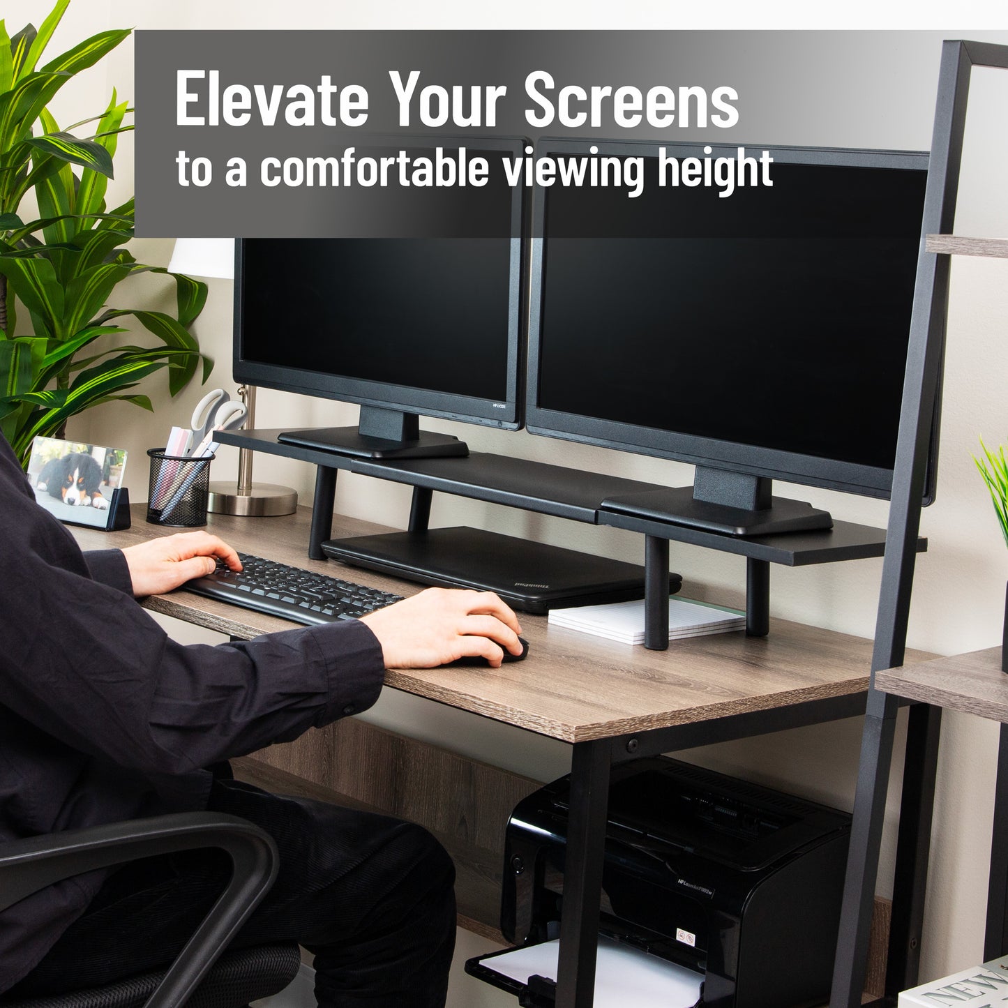 Mind Reader Extendable Monitor Stand, Adjustable Desktop Riser for Dual Monitors, Printers, Laptops, TV, 31.5–40 Inch Width, 88 lb Capacity, Metal and MDF Wood, Black