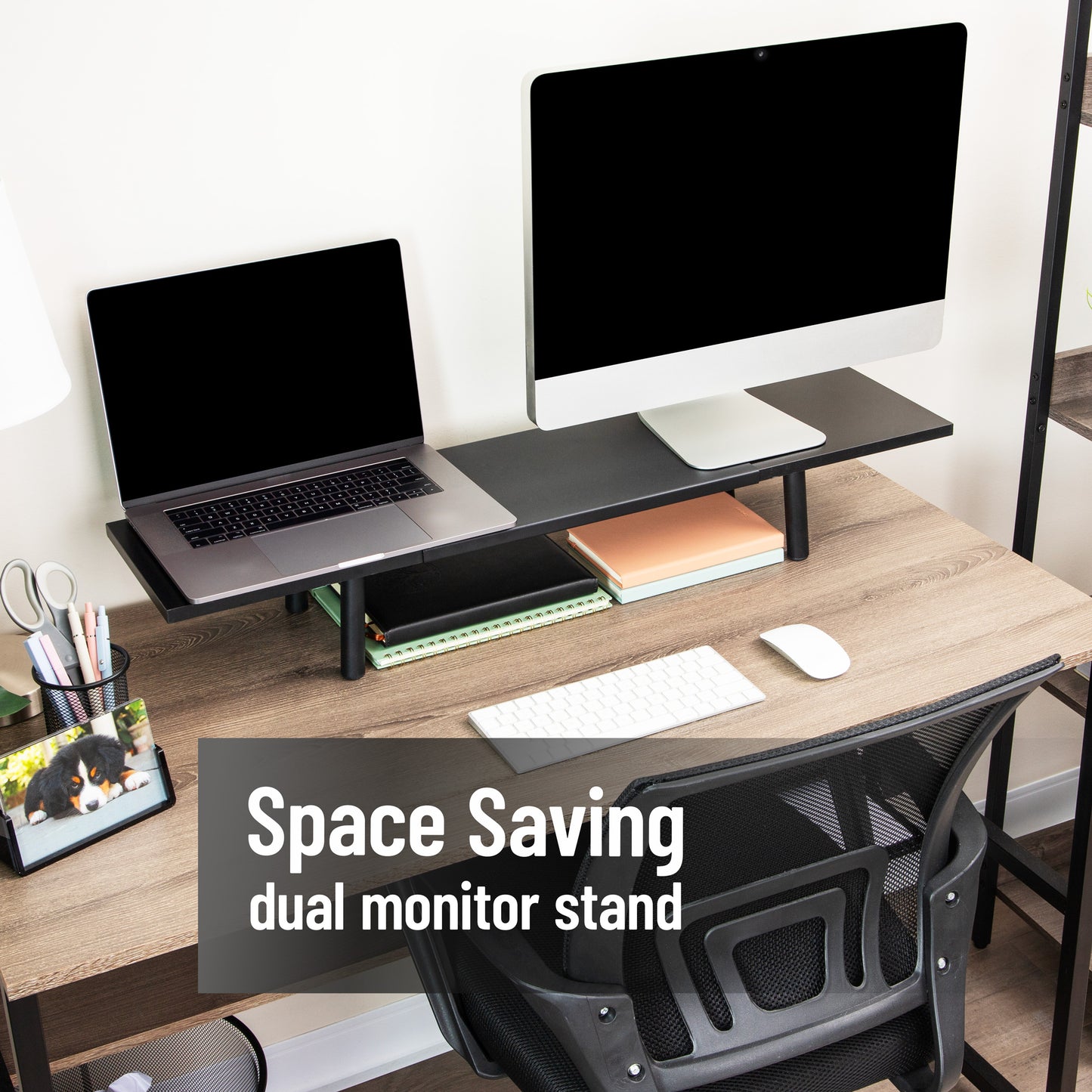 Mind Reader Extendable Monitor Stand, Adjustable Desktop Riser for Dual Monitors, Printers, Laptops, TV, 31.5–40 Inch Width, 88 lb Capacity, Metal and MDF Wood, Black