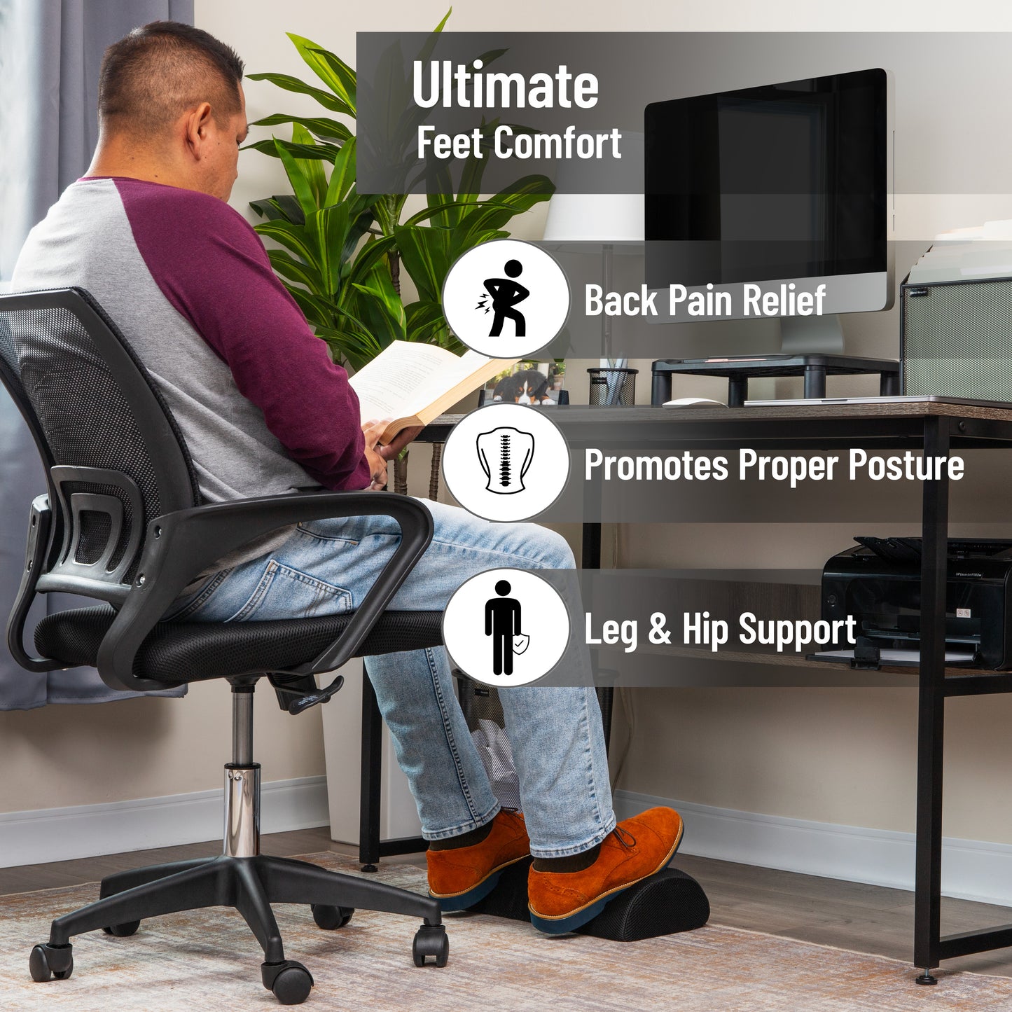 Mind Reader Foot Rest, Under Desk at Work, Ergonomic, Height Adjustable, Office, Foam, 7.5"L x 16.75"W x 3.75"H, Black