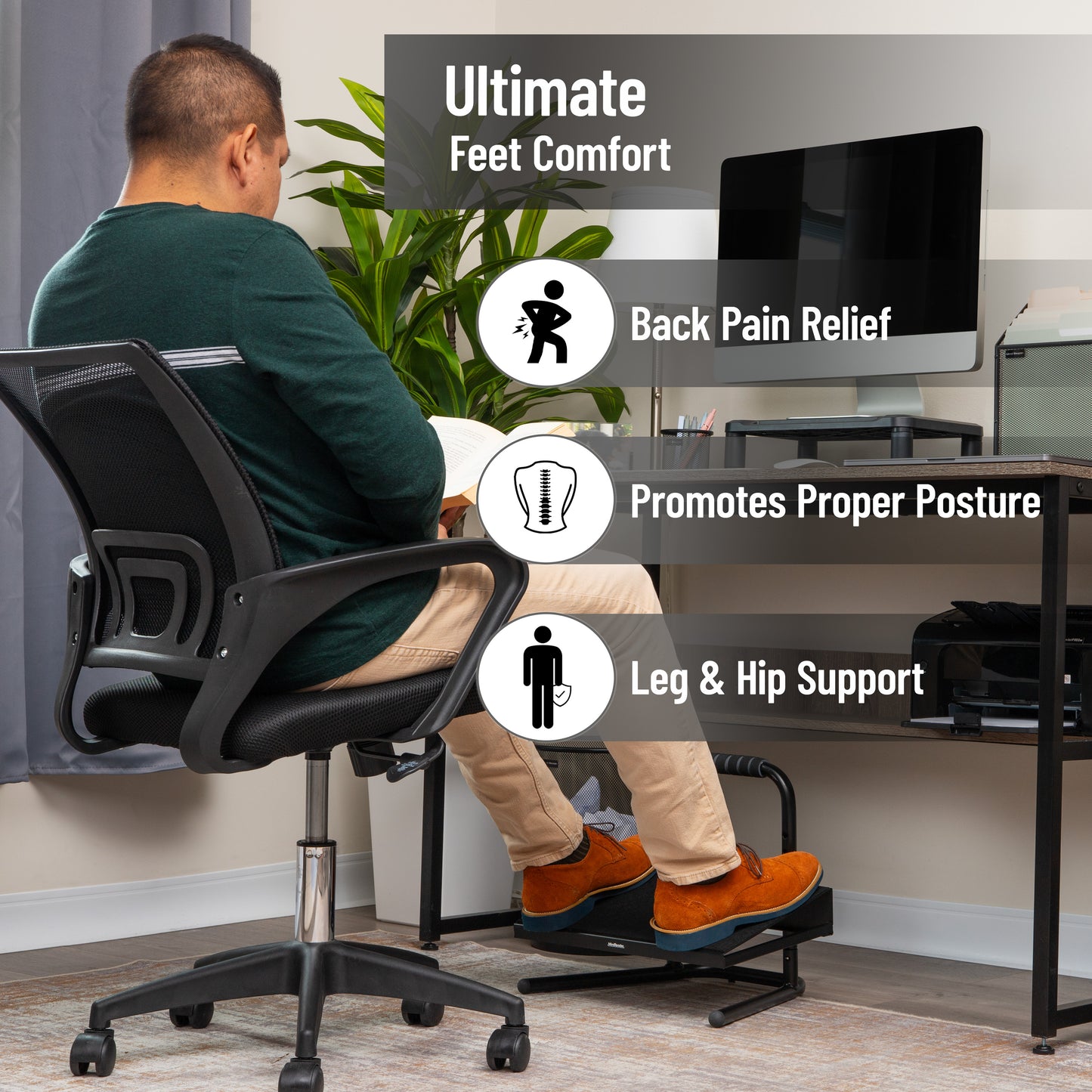 Mind Reader Foot Rest, Under Desk at Work, Ergonomic, Height Adjustable, Office, Metal, 15"L x 14.25"W x 14.5"H, Black
