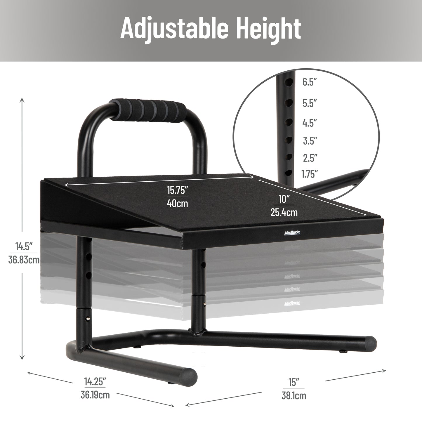 Mind Reader Foot Rest, Under Desk at Work, Ergonomic, Height Adjustable, Office, Metal, 15"L x 14.25"W x 14.5"H, Black