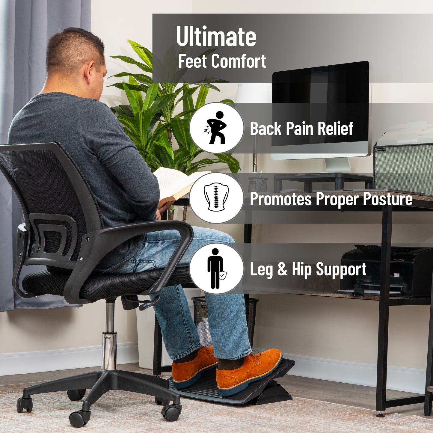 Mind Reader Foot Rest, Under Desk at Work, Ergonomic, Height Adjustable, Office, Plastic, 17.5"L x 13.5"W x 3.5"H, Black