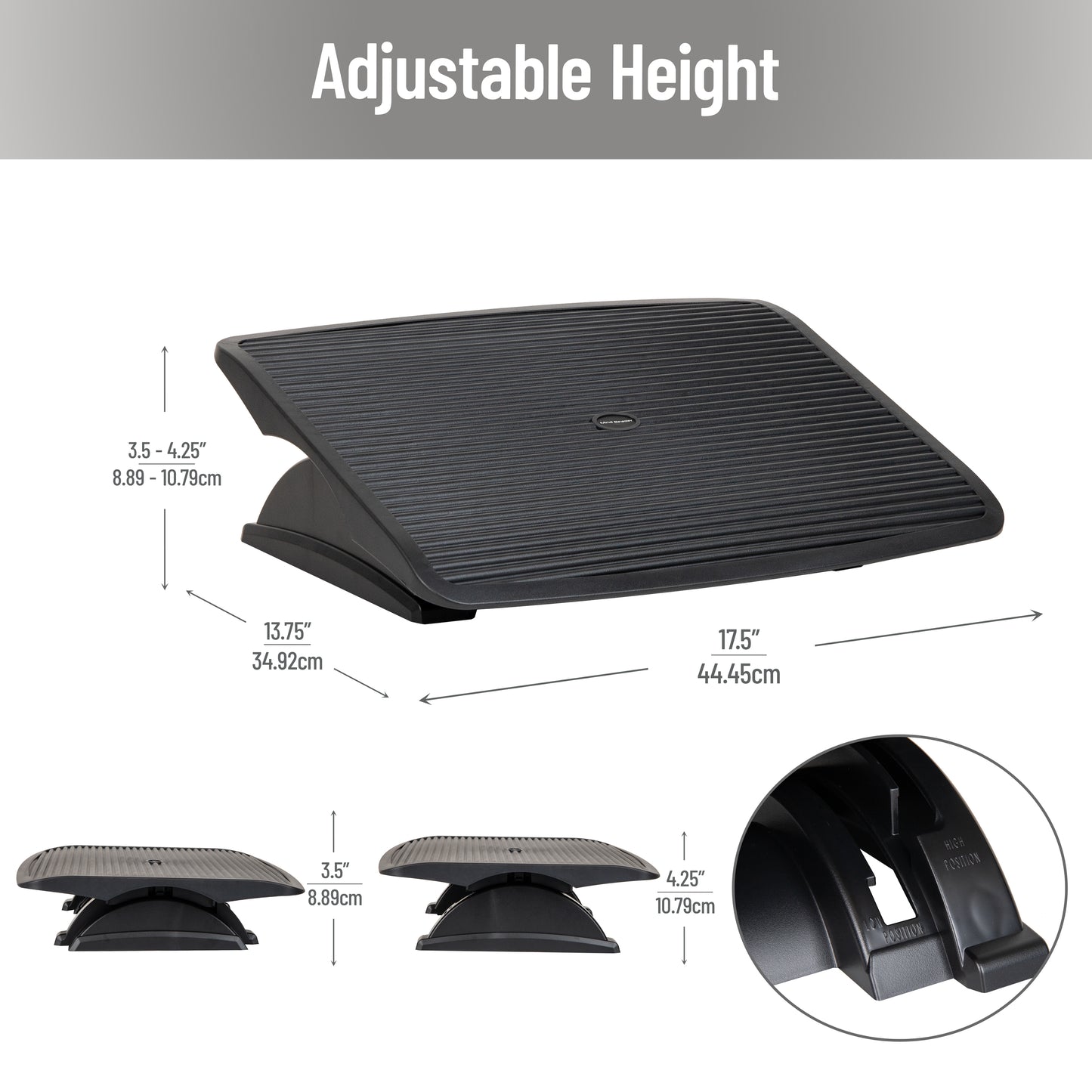 Mind Reader Foot Rest, Under Desk at Work, Ergonomic, Height Adjustable, Office, Plastic, 17.5"L x 13.5"W x 3.5"H, Black