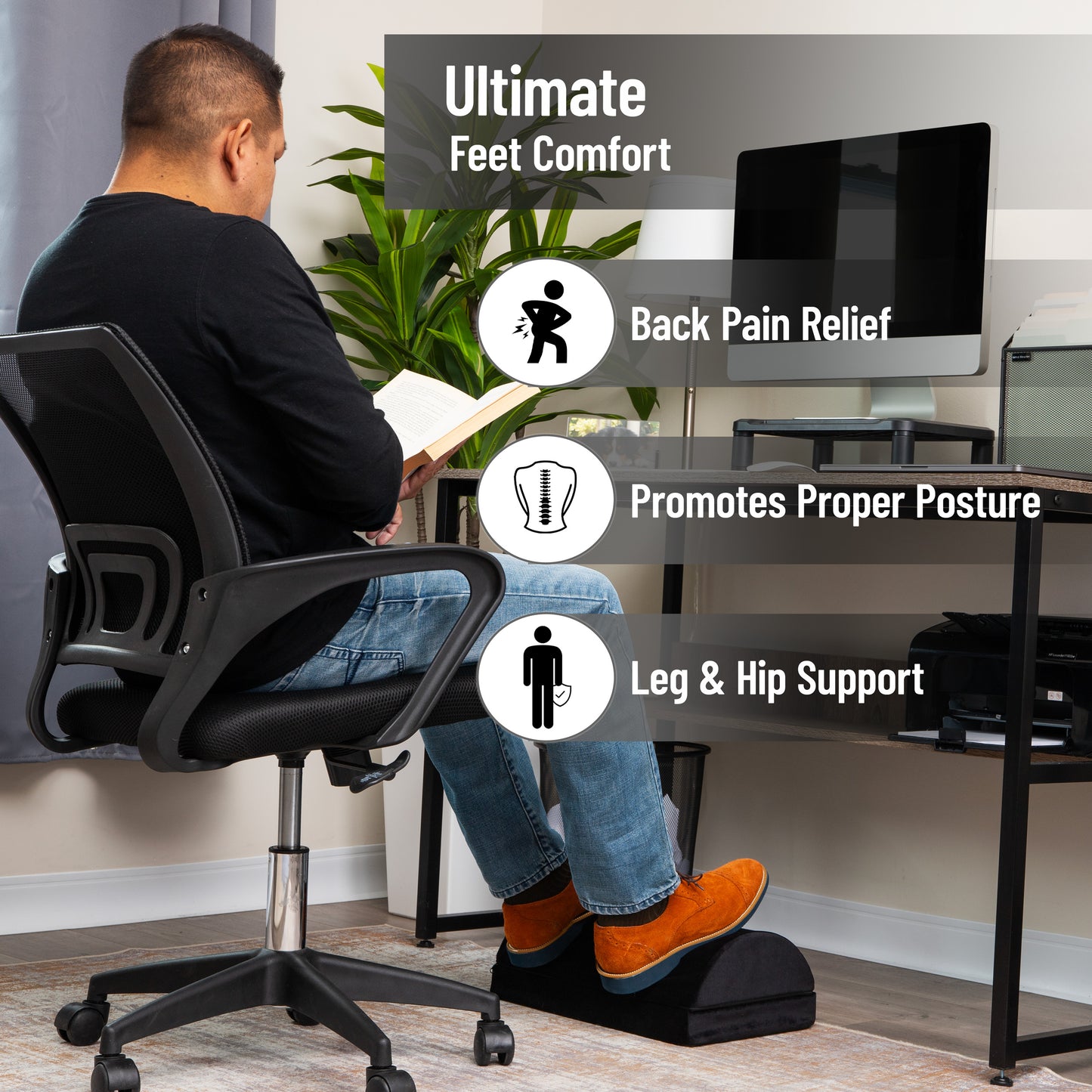 Mind Reader Air-Cloud Memory Foam Under Desk Footrest, Ergonomic Support for Back, Hip, Legs, Knees & Feet, Adjustable Height, Memory Foam, Black