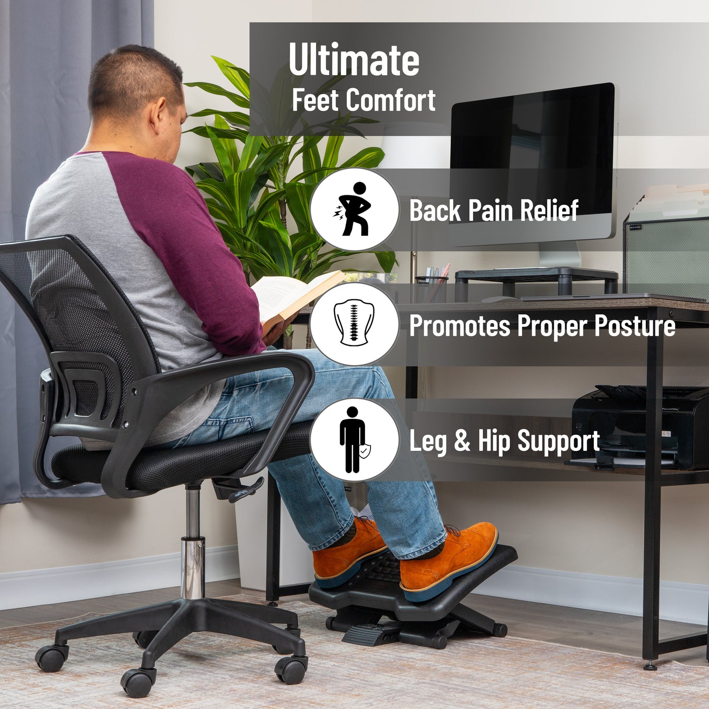 Mind Reader Foot Rest, Under Desk at Work, Ergonomic, Height Adjustable, Office, Plastic, 18"L x 13"W x 6.75"H, Black