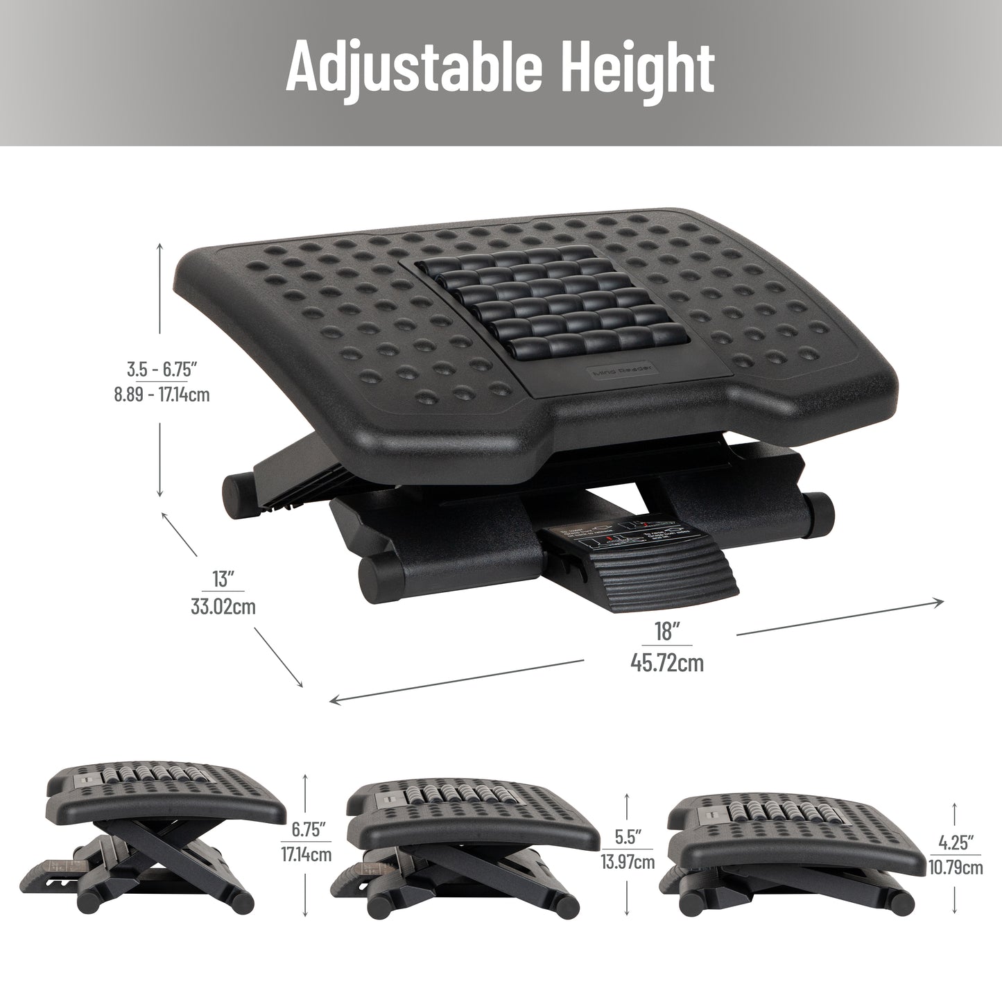 Mind Reader Foot Rest, Under Desk at Work, Ergonomic, Height Adjustable, Office, Plastic, 18"L x 13"W x 6.75"H, Black