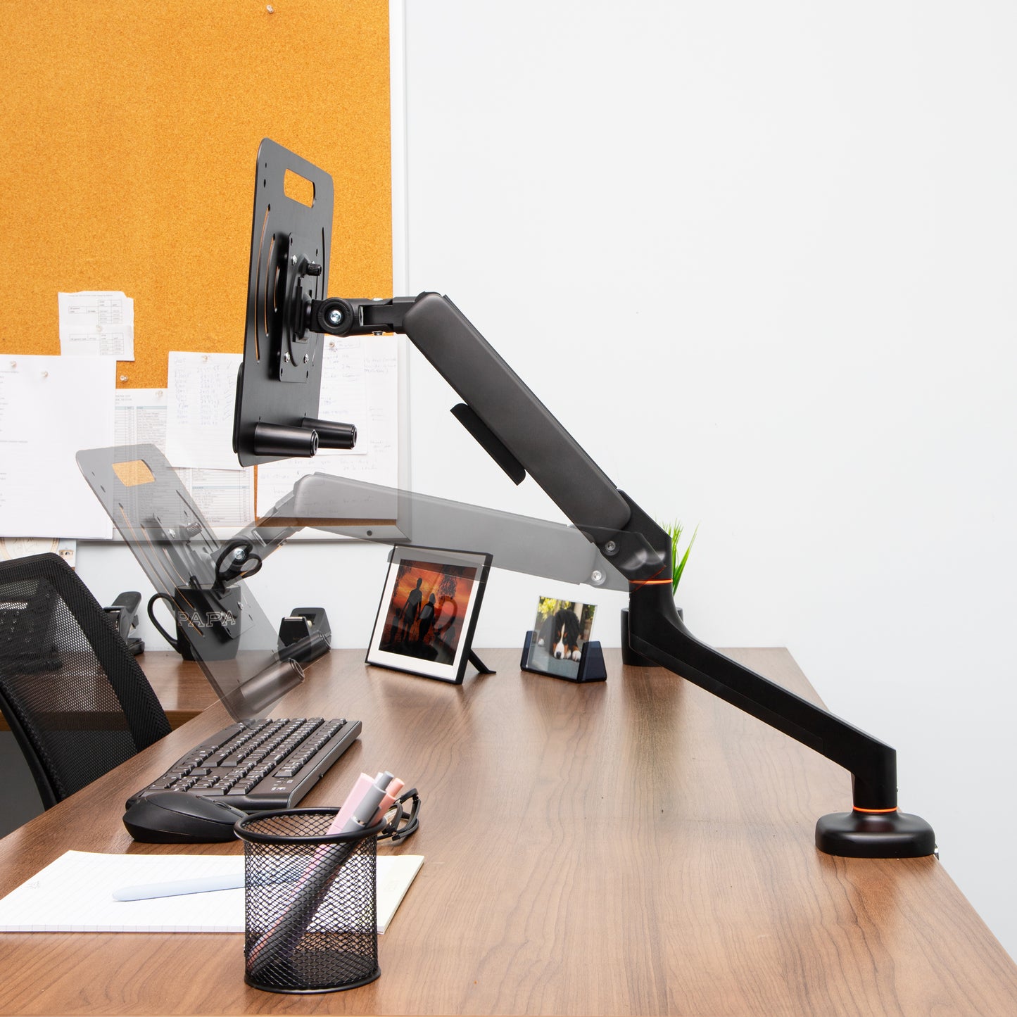 Mind Reader Gas Spring Laptop Desk Mount, Fits 11.6–17.3" Laptops or Monitors, 180° Rotate, 13.2 lb Capacity, Single Arm with Integrated Cable Management, Adjustable Tilt/Swivel, Black