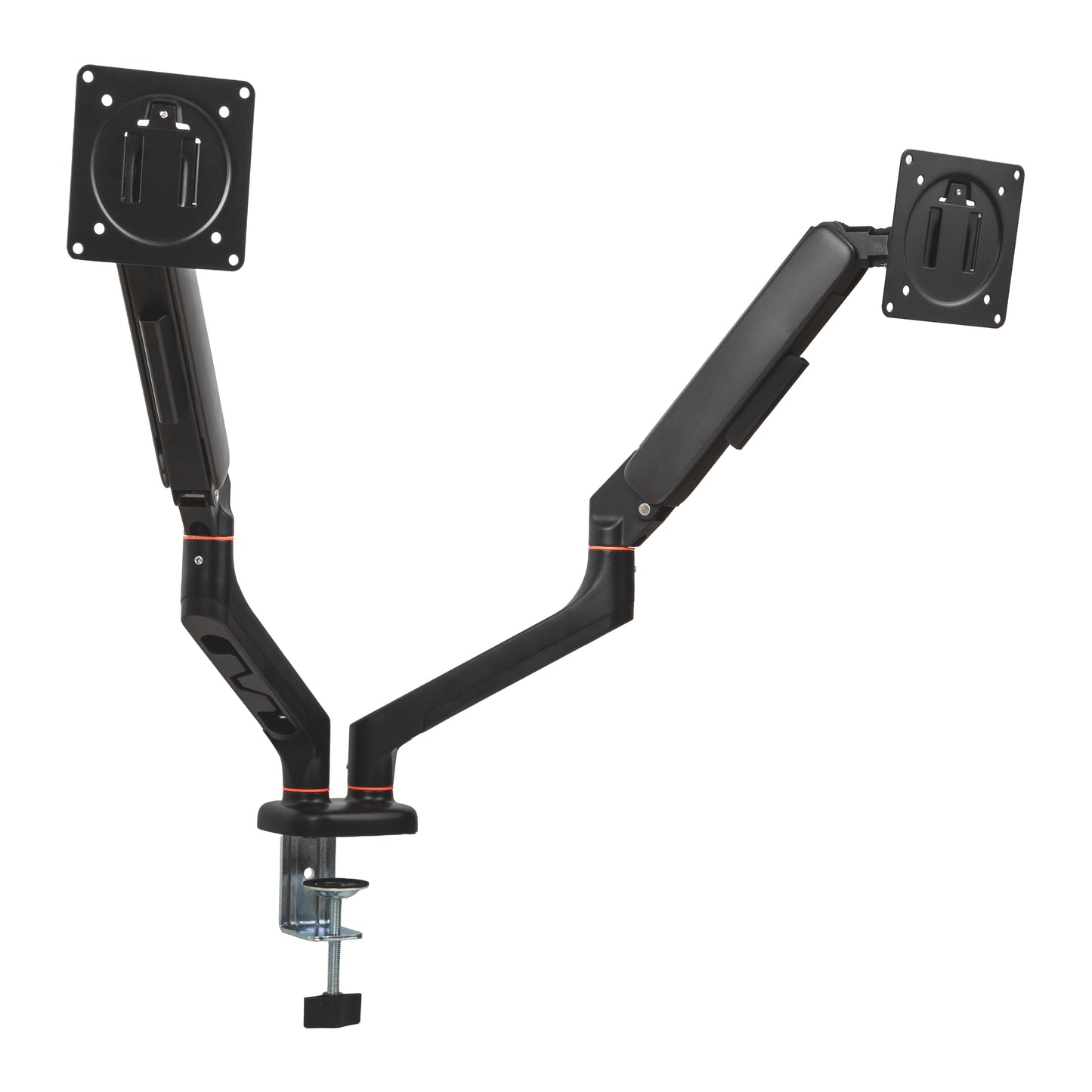 Mind Reader Dual Monitor Gas Spring Desk Mount, Counter-Balance Arm for 13"–32" Monitors, VESA 75x75 / 100x100, ±180° Rotation, ±65° Tilt, ±180° Swivel, 19.8 lb Capacity Each, Cable Management, Black