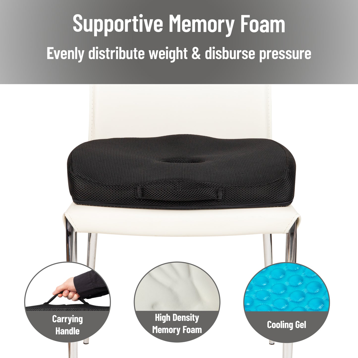 Mind Reader Memory Foam and Gel Seat Cushion with Tailbone Cutout, Ergonomic Pressure Relief for Office, Car, and More, Relieves Hip, Tailbone, Coccyx & Sciatica Pain, 17.5"L x 14.5"W x 3.25"H, Blue, Gray