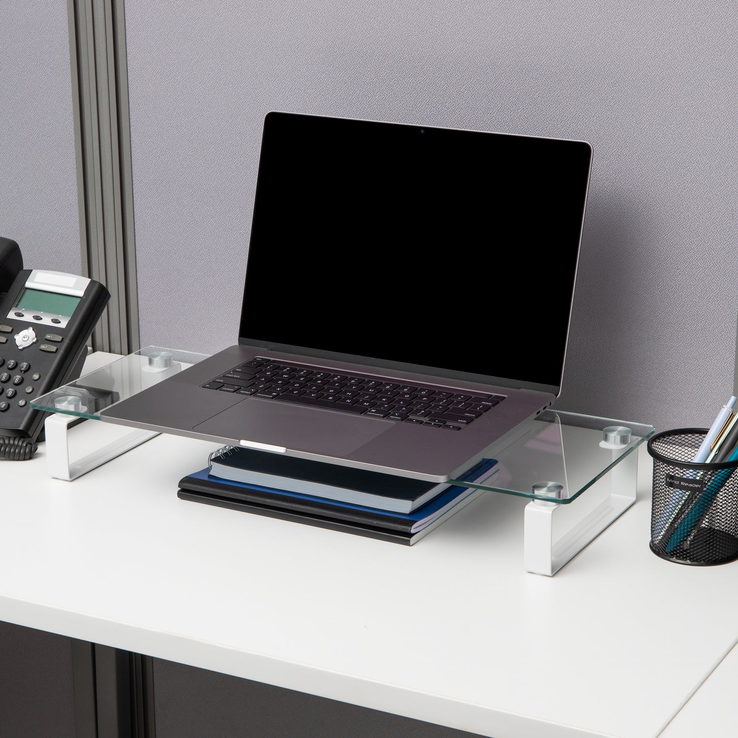 Mind Reader Monitor Stand, Contemporary, Desktop Organizer, Laptop Riser, Office, Glass, 22"L x 8.25"W x 3"H, Clear