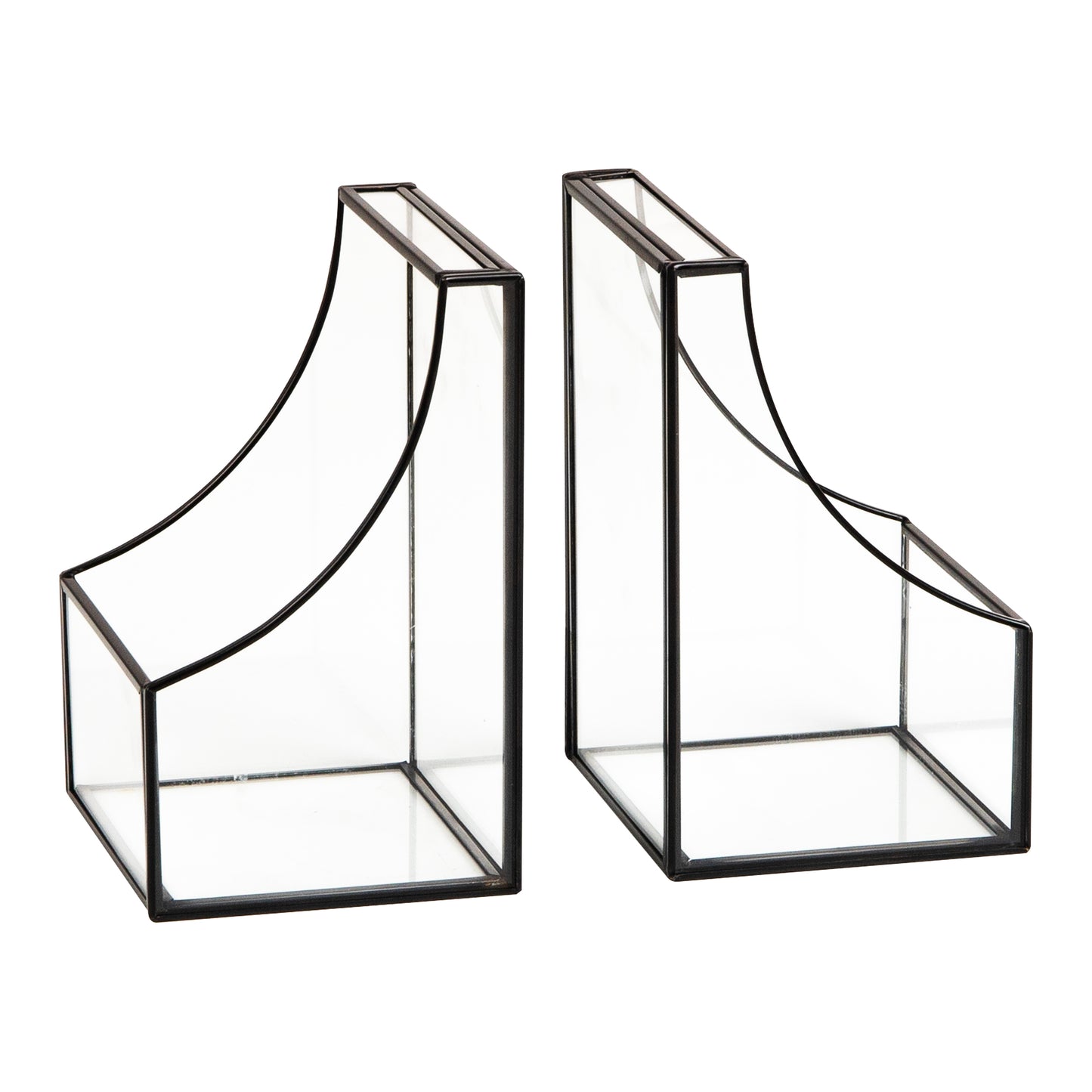 Mind Reader Terrarium Bookends, Decorative Book Holders with Storage, Modern Organizer for Desk or Shelf, Glass, Metal, Set of 2