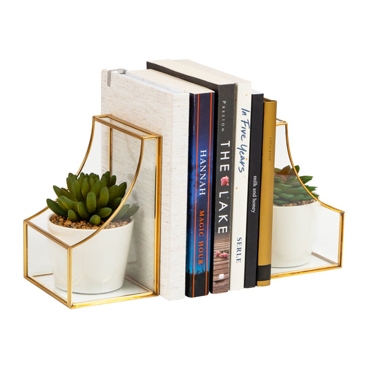 Mind Reader Terrarium Bookends, Decorative Book Holders with Storage, Modern Organizer for Desk or Shelf, Glass, Metal, Set of 2