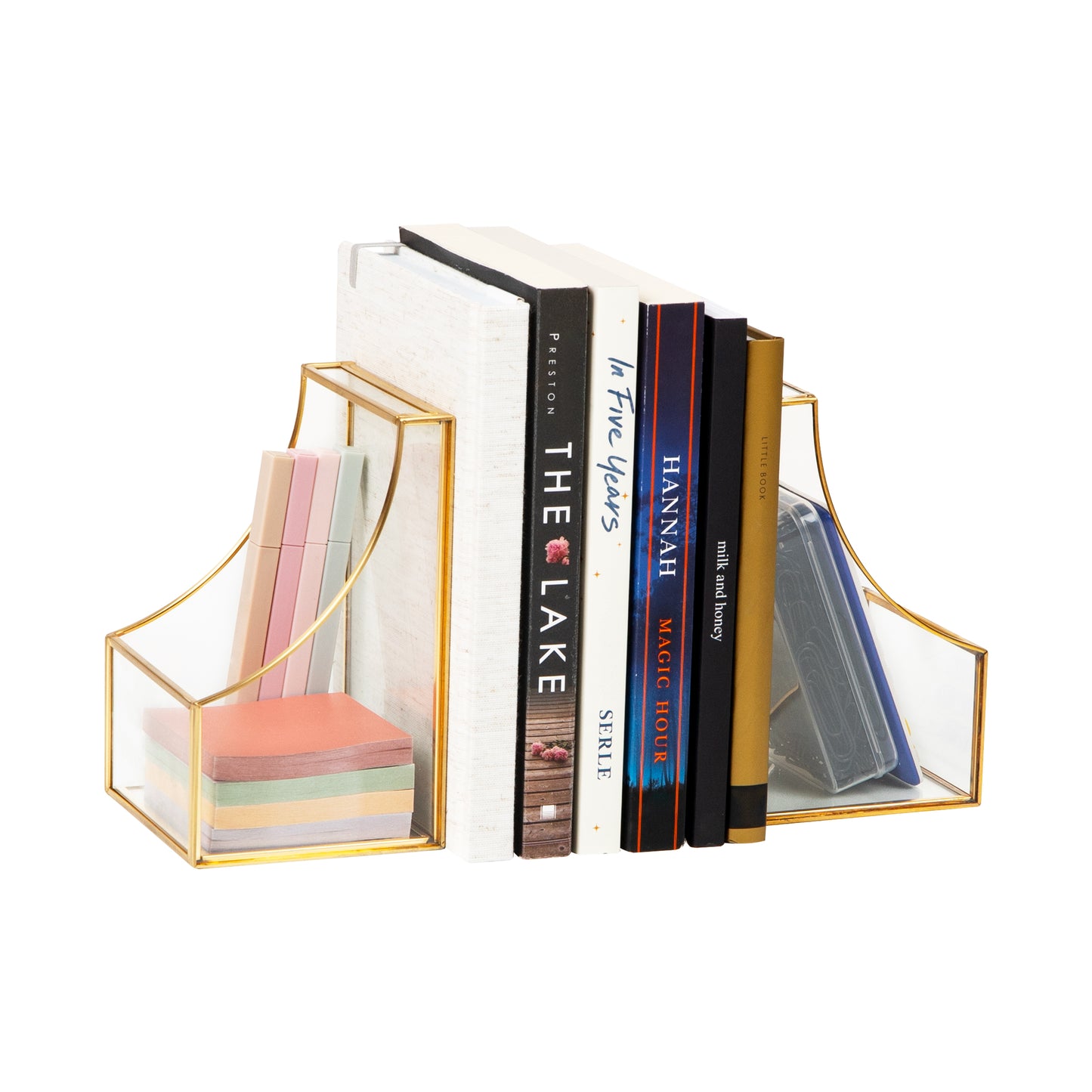 Mind Reader Terrarium Bookends, Decorative Book Holders with Storage, Modern Organizer for Desk or Shelf, Glass, Metal, Set of 2