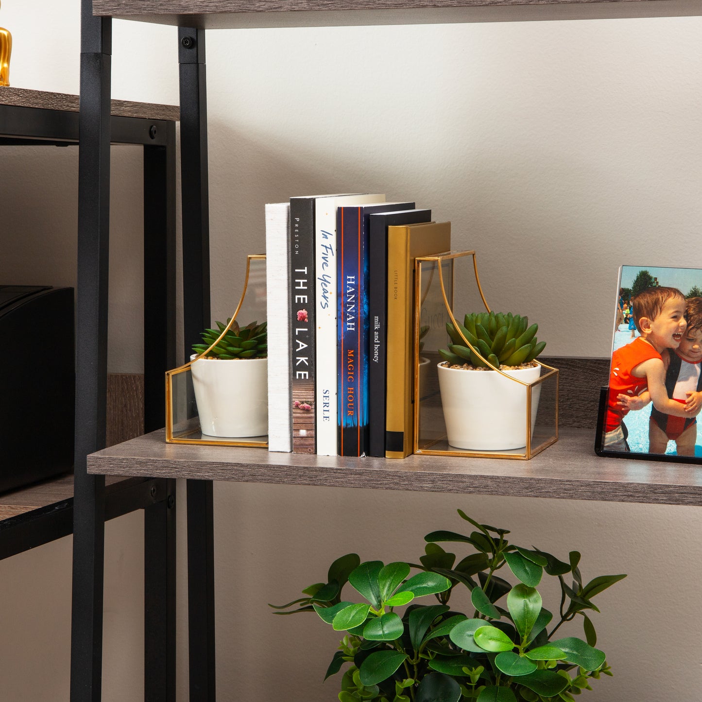 Mind Reader Terrarium Bookends, Decorative Book Holders with Storage, Modern Organizer for Desk or Shelf, Glass, Metal, Set of 2