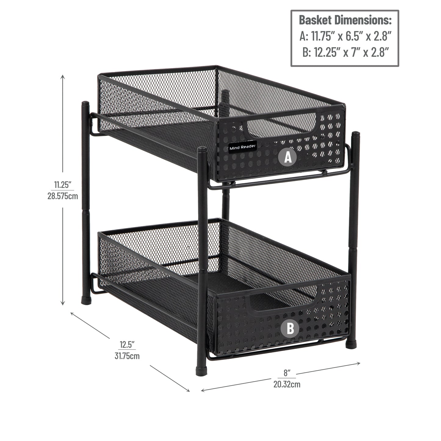 Mind Reader Network Collection, 2-Tier Sliding Basket Storage, Secure Rubber Feet, Kitchen, Desk, Makeup, Cabinet Organizer, Metal Mesh