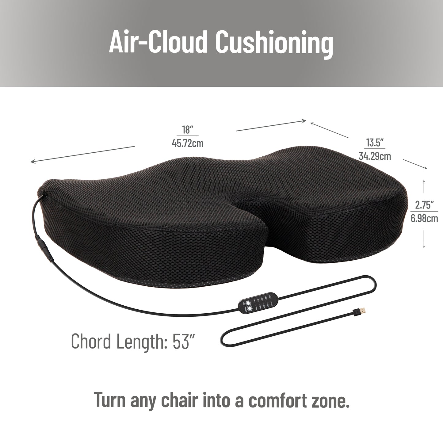 Mind Reader Heated Memory Foam Seat Cushion, Air-Cloud Technology, Coccyx & Hip Pain Relief with 4 Heat Settings, Timer & Auto Shut-Off, Black